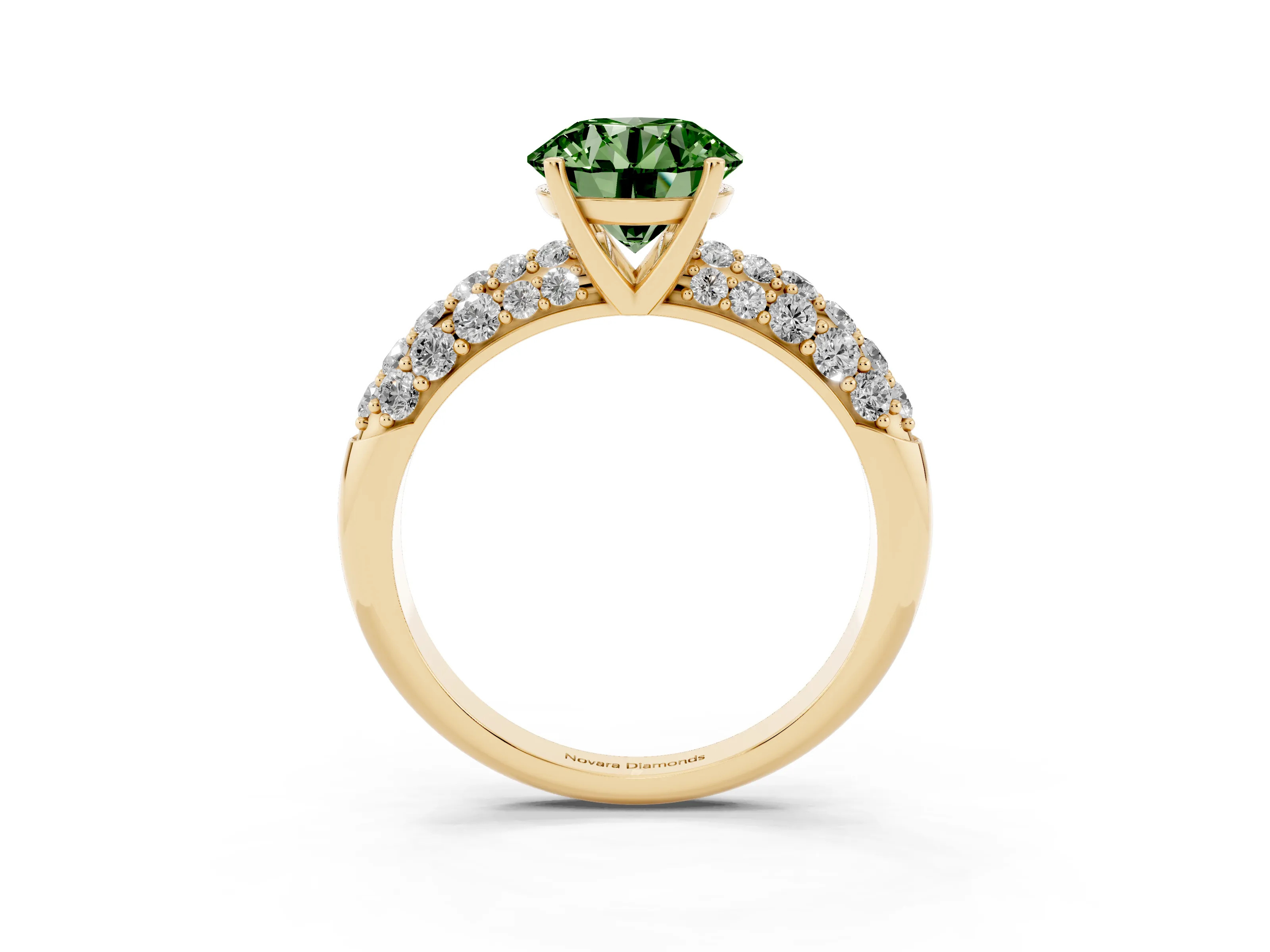 Fancy Green Round Cut Diamond Pavé Band Solitaire Ring Set in Yellow gold with Close-Set Accent Stones and Prong Setting