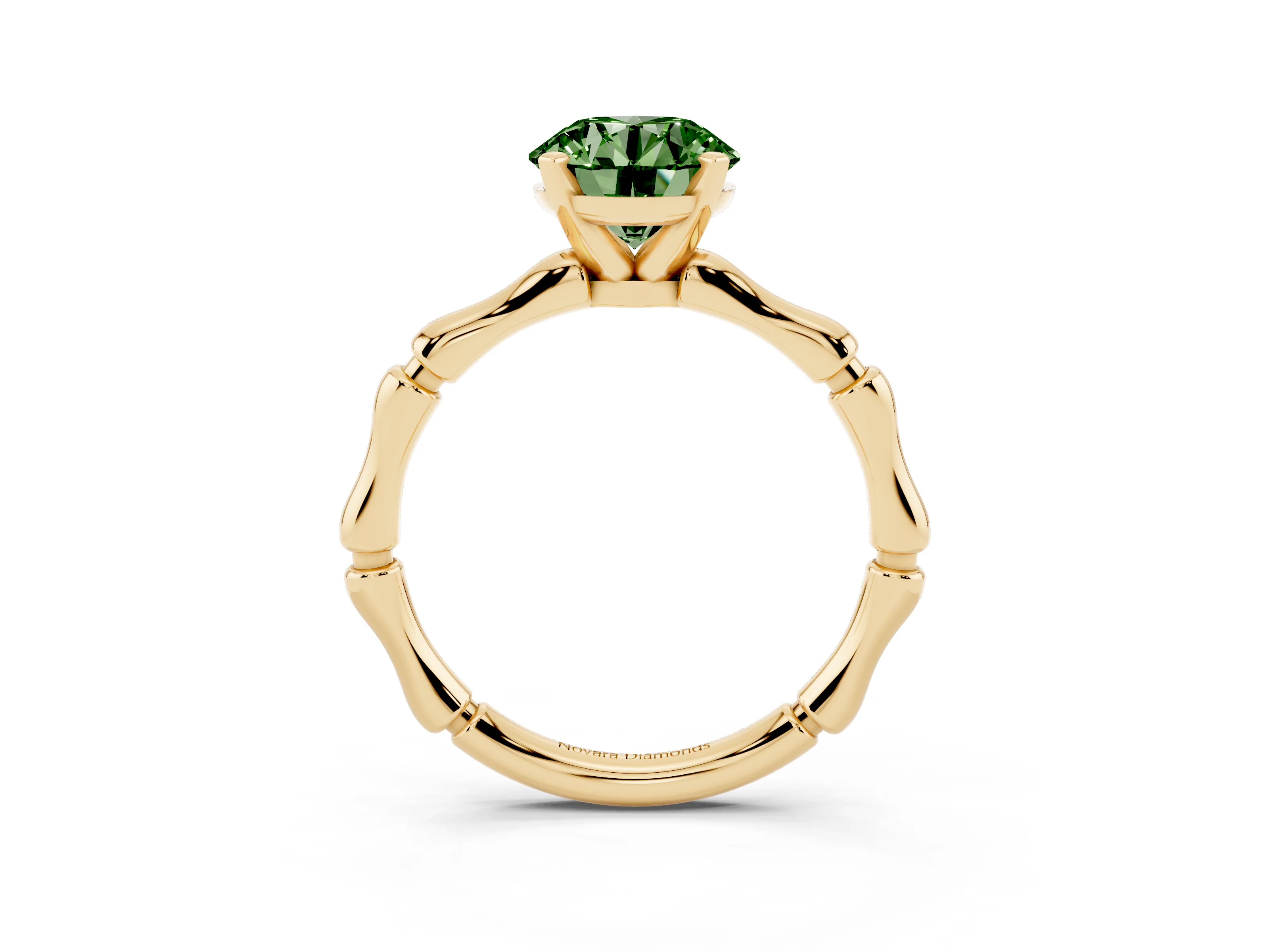 Fancy Green Round Cut Diamond Solitaire Ring Set in Yellow gold with Bamboo Band and Prong Setting