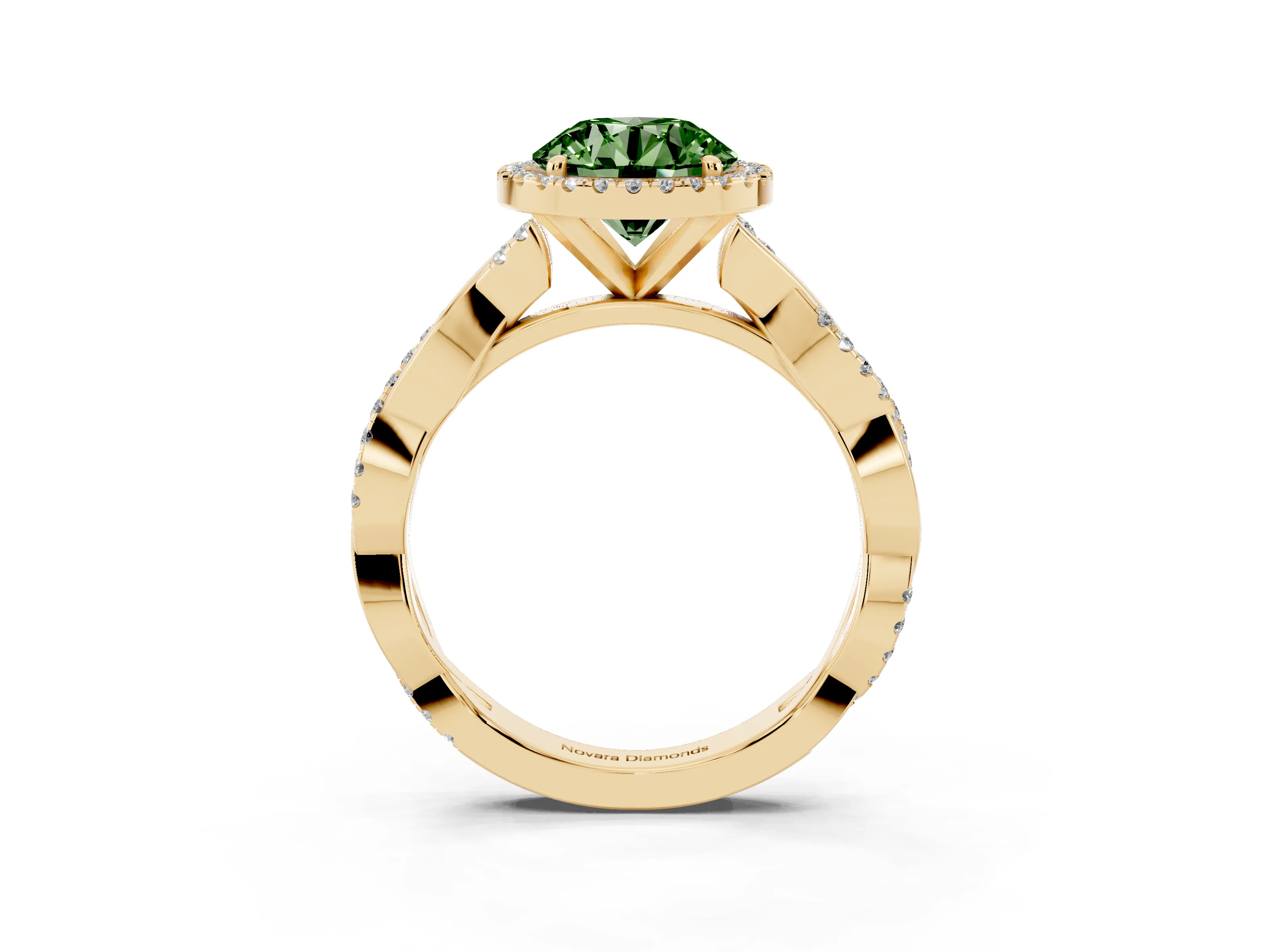 Fancy Green Round Cut Diamond Halo Twisted Band Ring Set in Yellow gold with Prong Setting