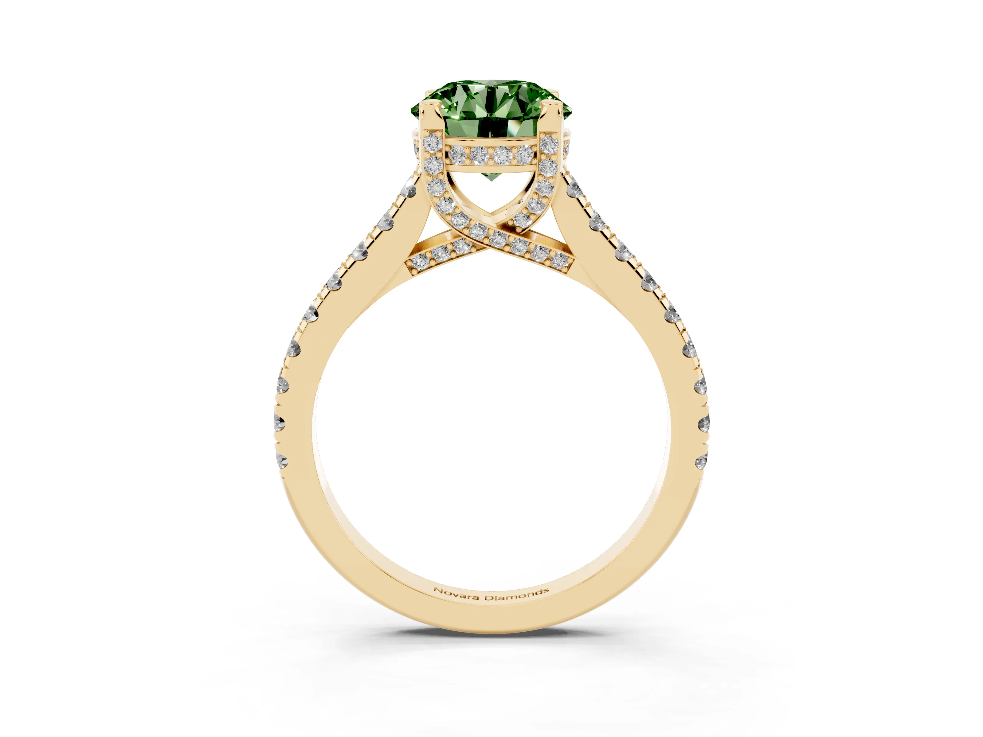 Fancy Green Round Cut Diamond Solitaire Ring Set in Yellow gold with Brilliant Pavé Band and Prong Setting