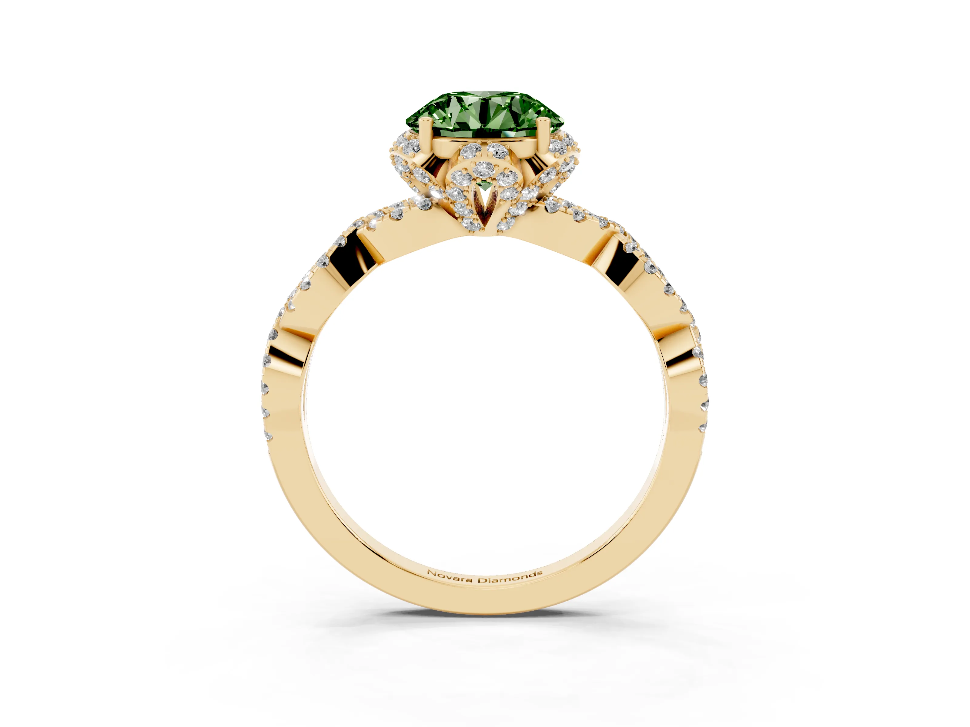 Fancy Green Round Cut Diamond Halo Twist Band Solitaire Ring Set in Yellow gold with Prong-Set Center Stone