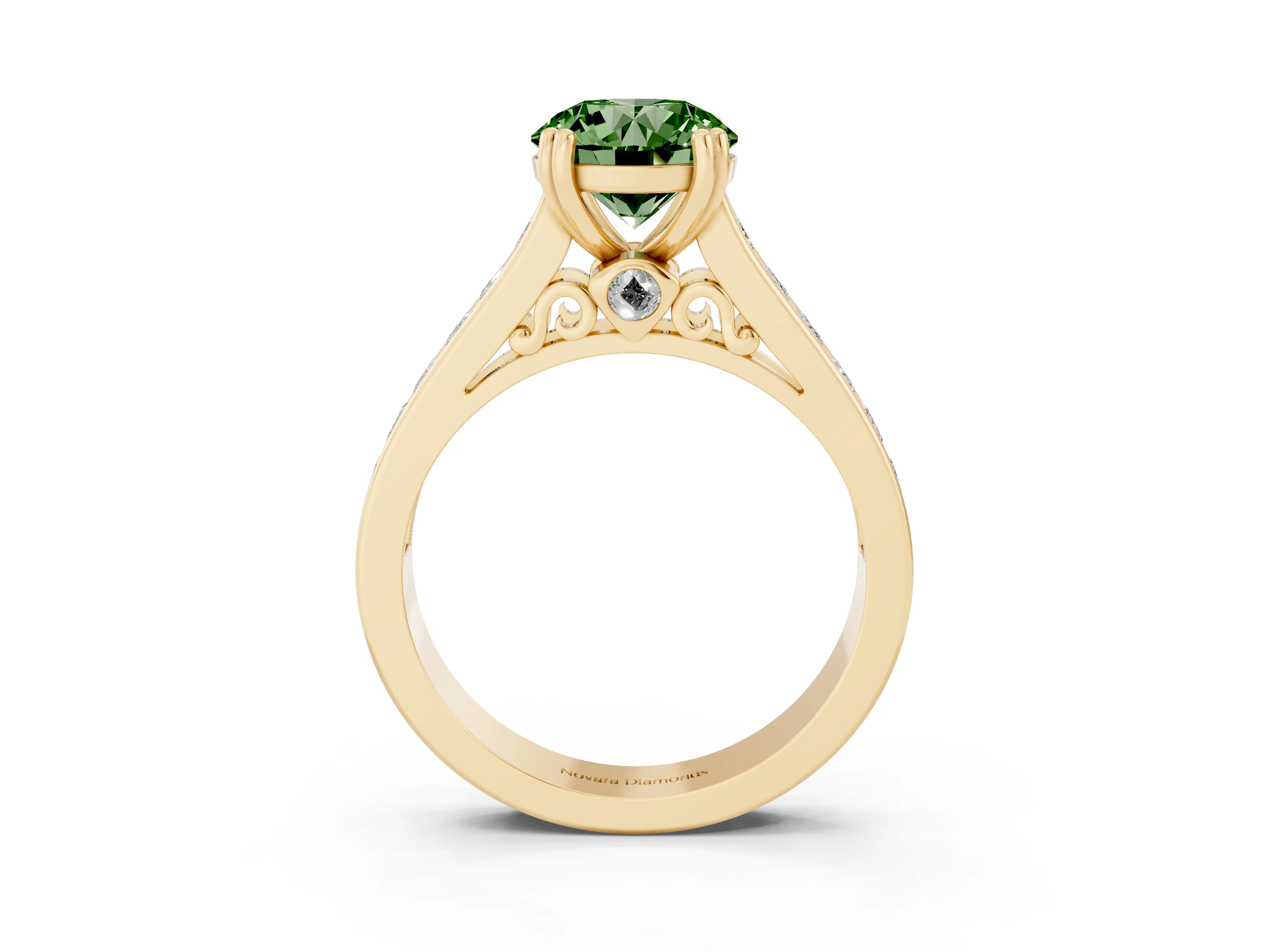 Fancy Green Round Cut Diamond Channel Set Solitaire Engagement Ring Set in Yellow gold with Prong Setting