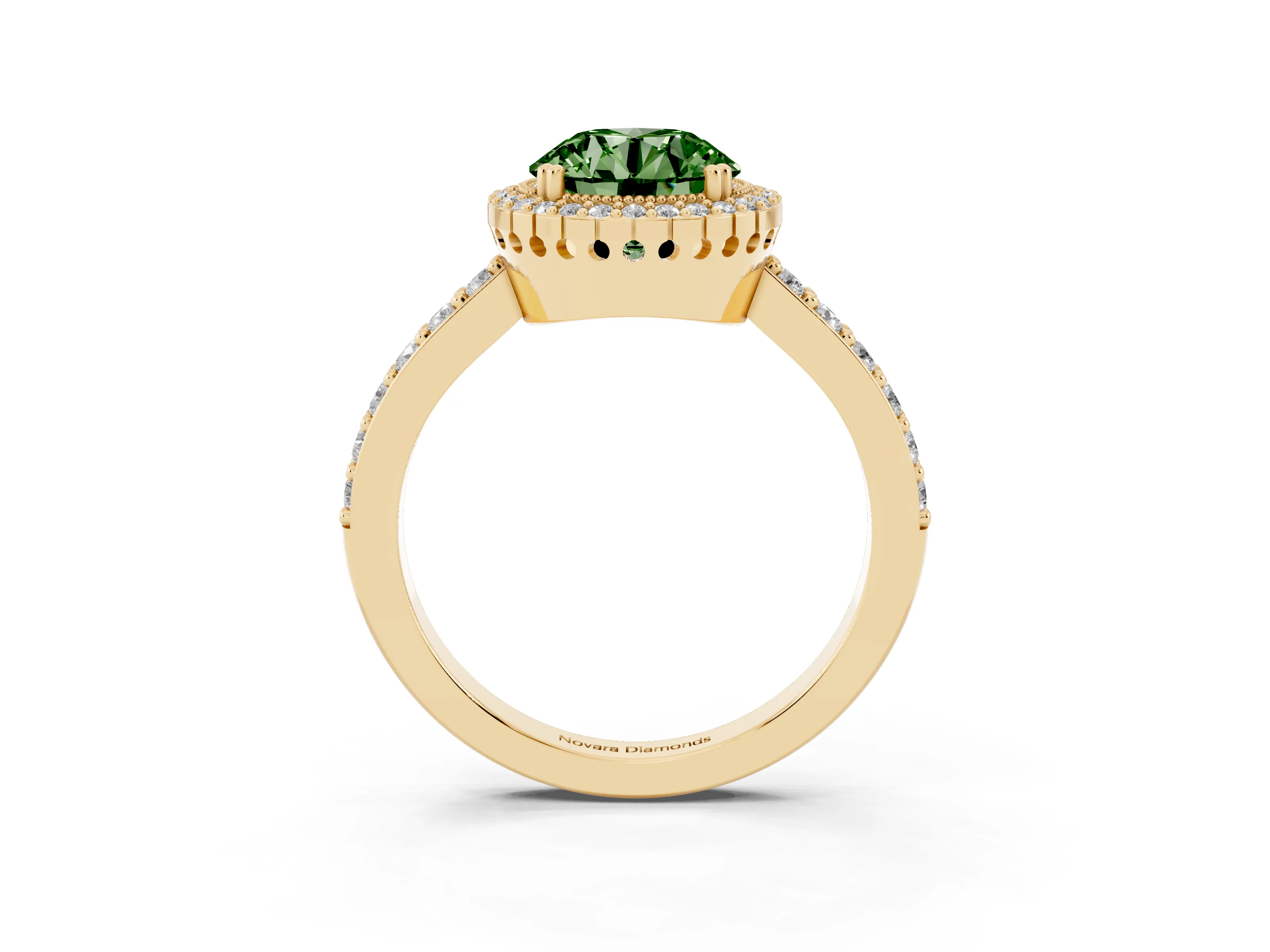 Fancy Green Round Cut Diamond Halo Engagement Ring Set in Yellow gold with Milgrain Detail and Pavé Band
