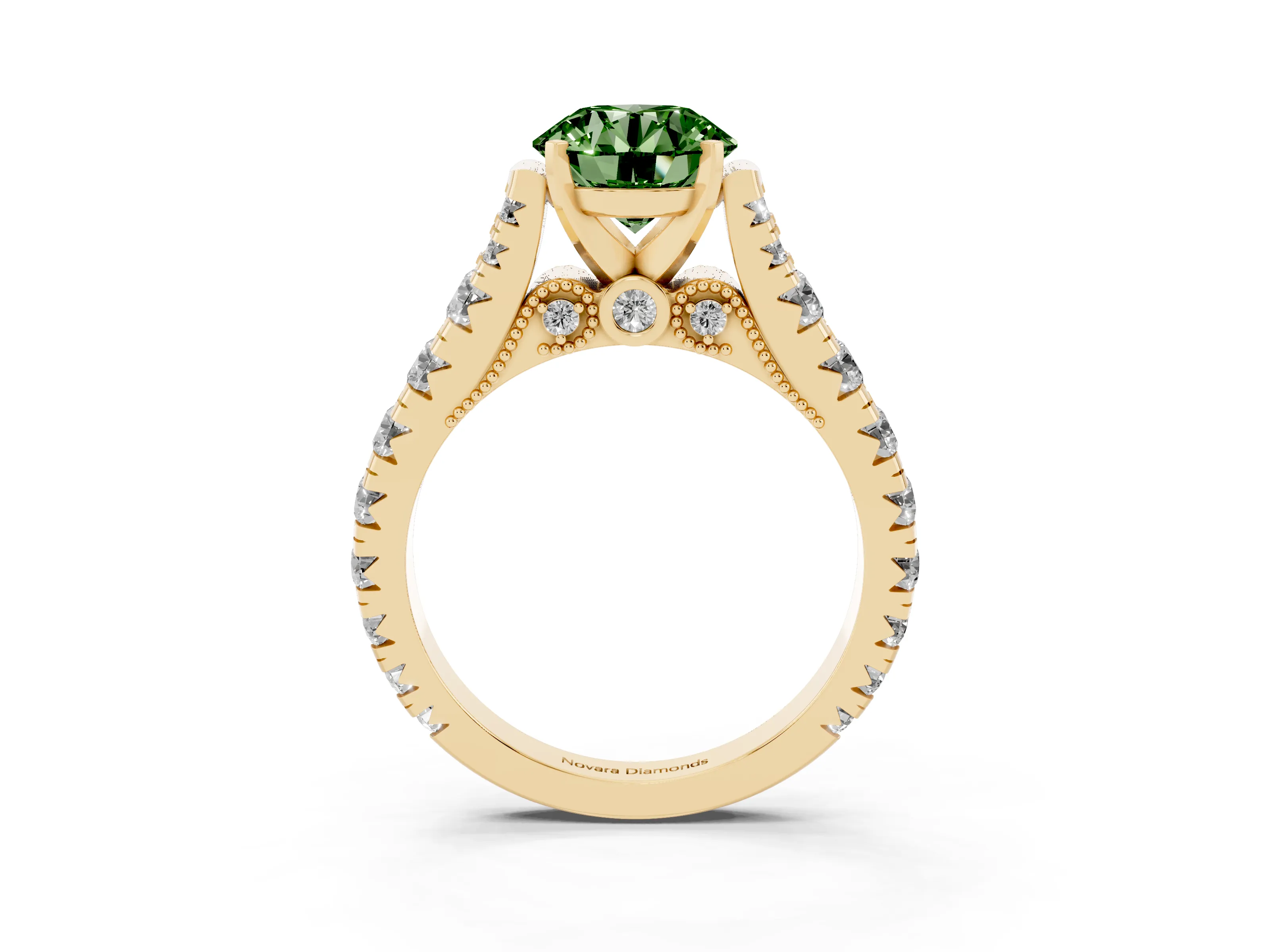 Fancy Green Round Cut Diamond Classic Solitaire Ring Set in Yellow gold with Pavé Band and Prong Setting