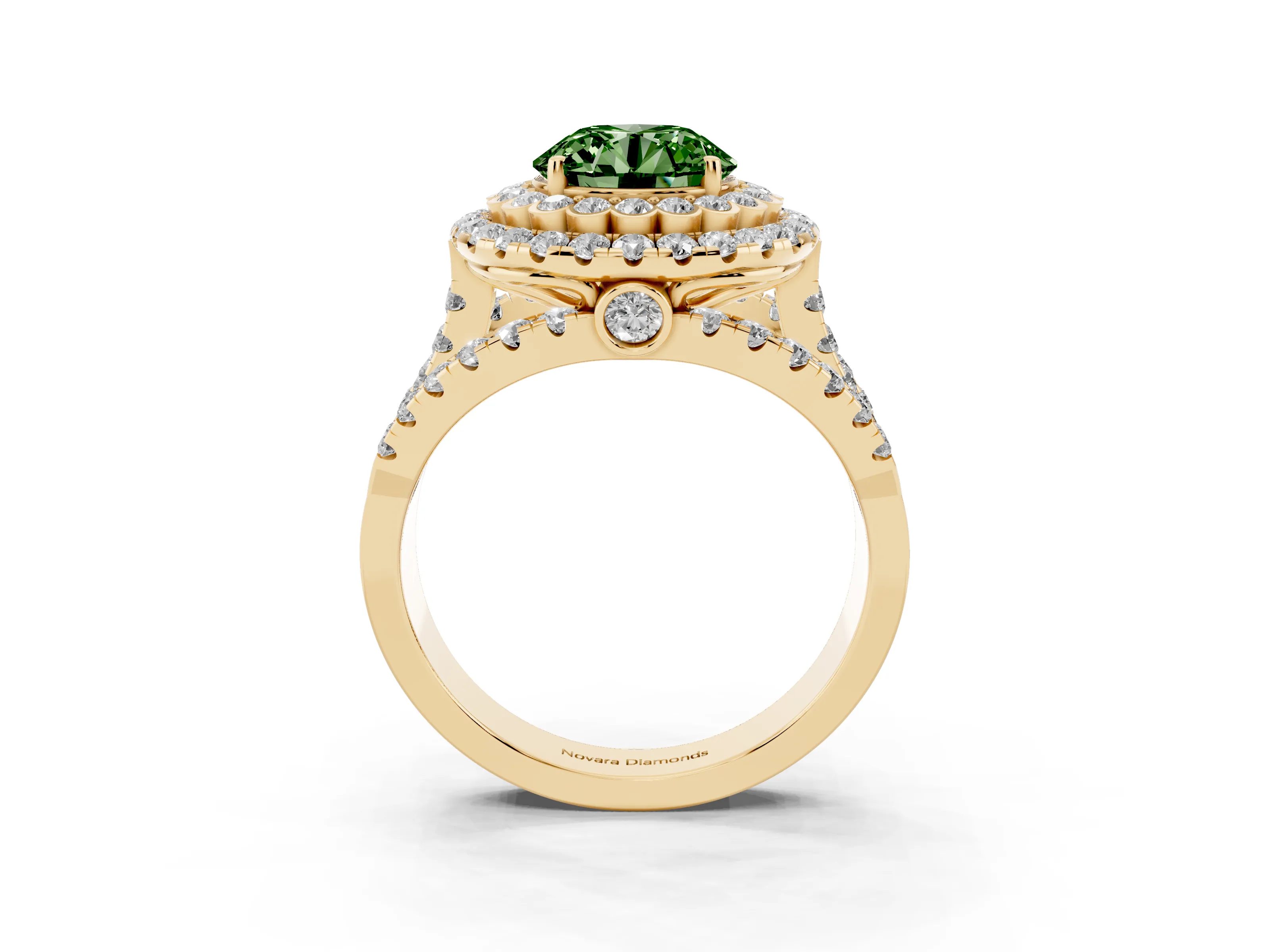 Fancy Green Round Cut Diamond Double Halo Ring Set in Yellow gold with Round Pavé Split Shank
