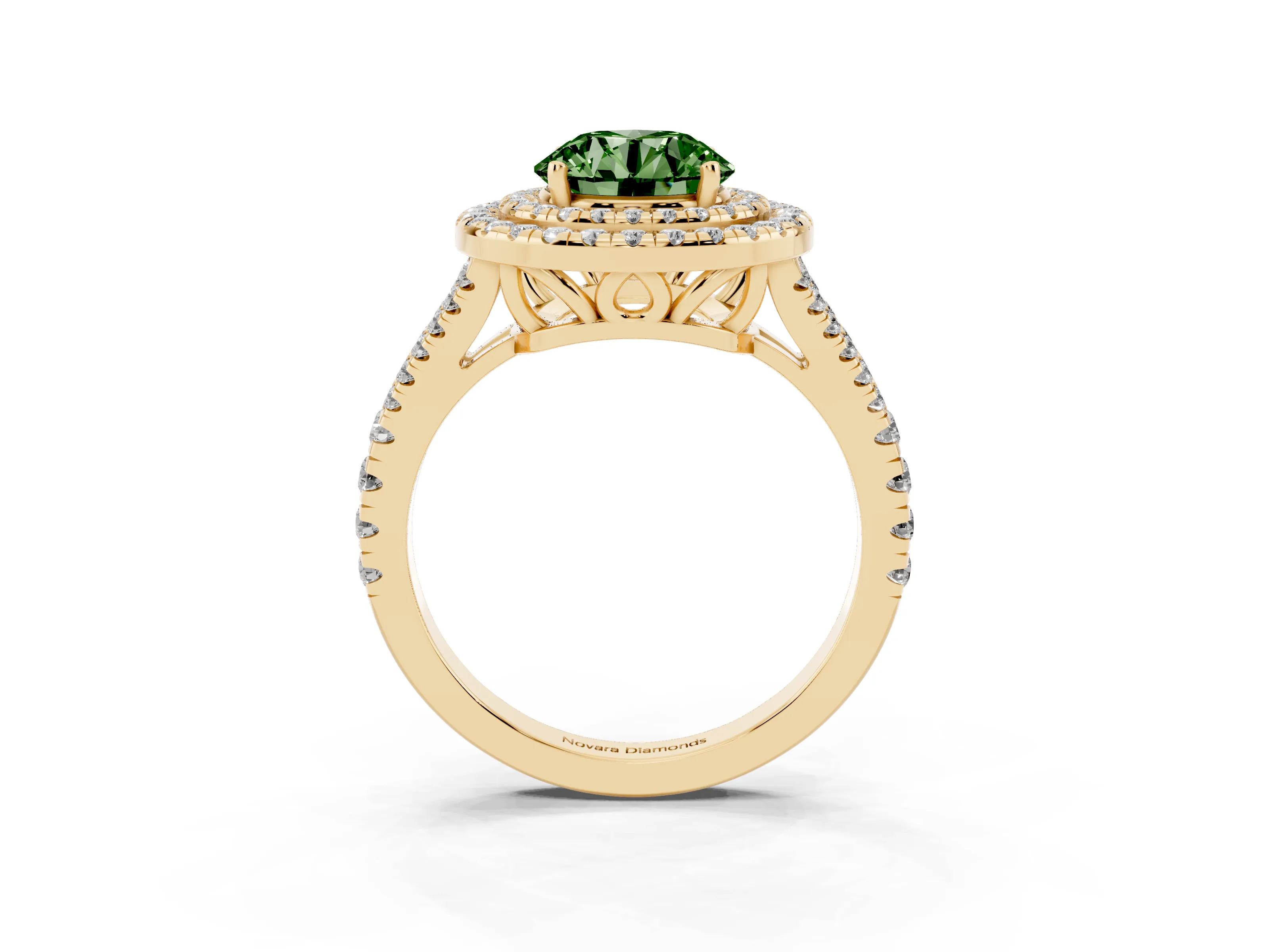 Fancy Green Round Cut Diamond Double Halo Ring Set in Yellow gold with Pavé Band