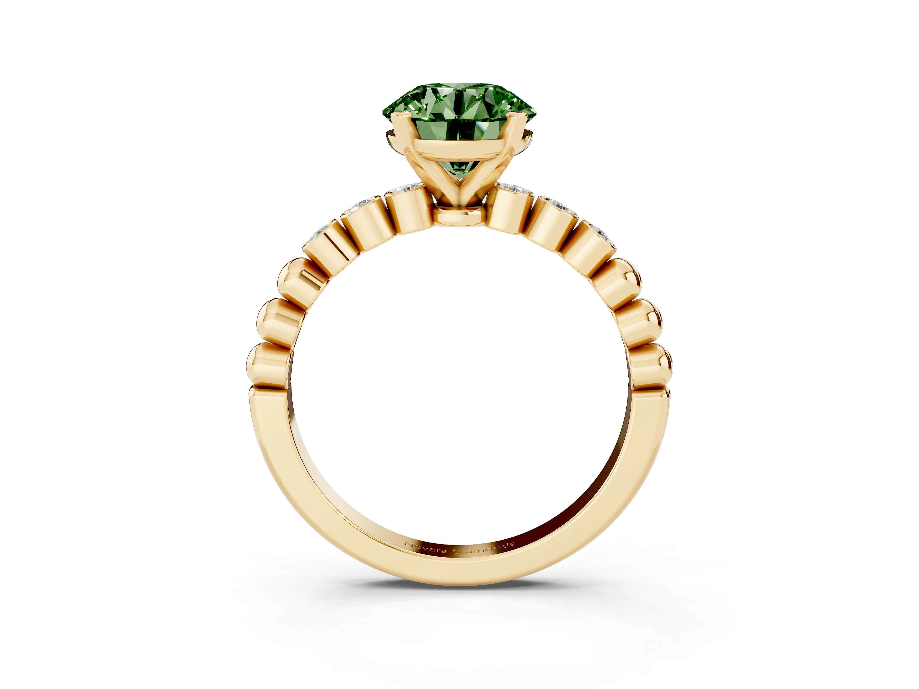 Fancy Green Round Cut Diamond Solitaire Engagement Ring Set in Yellow gold with Bezel Accents on Beaded Band
