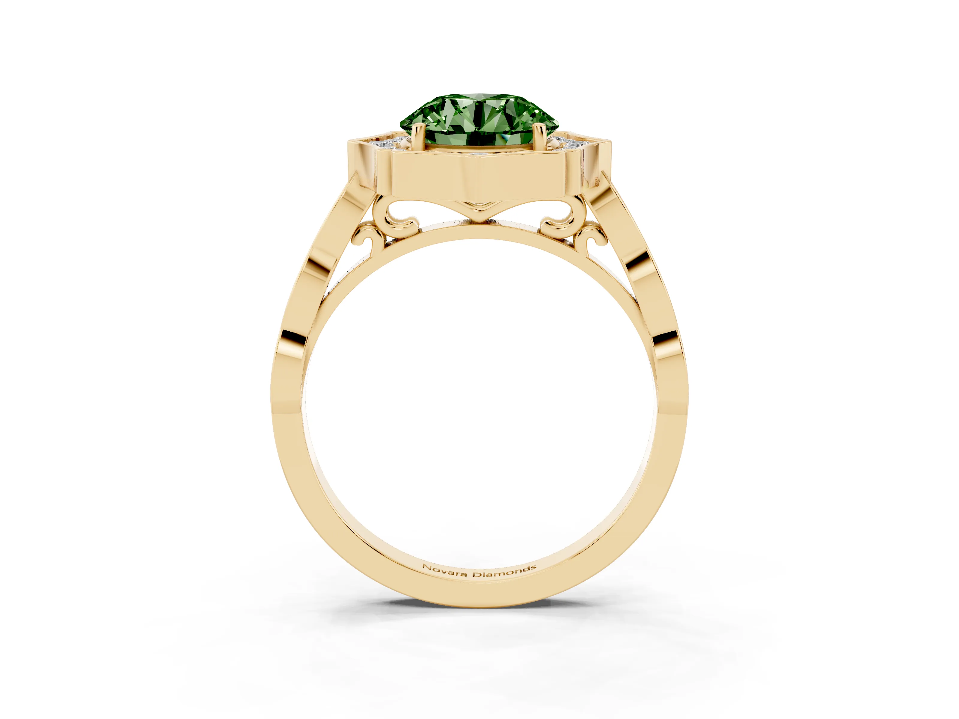 Fancy Green Round Cut Diamond Halo Engagement Ring Set in Yellow gold with Milgrain Band and Prong Setting