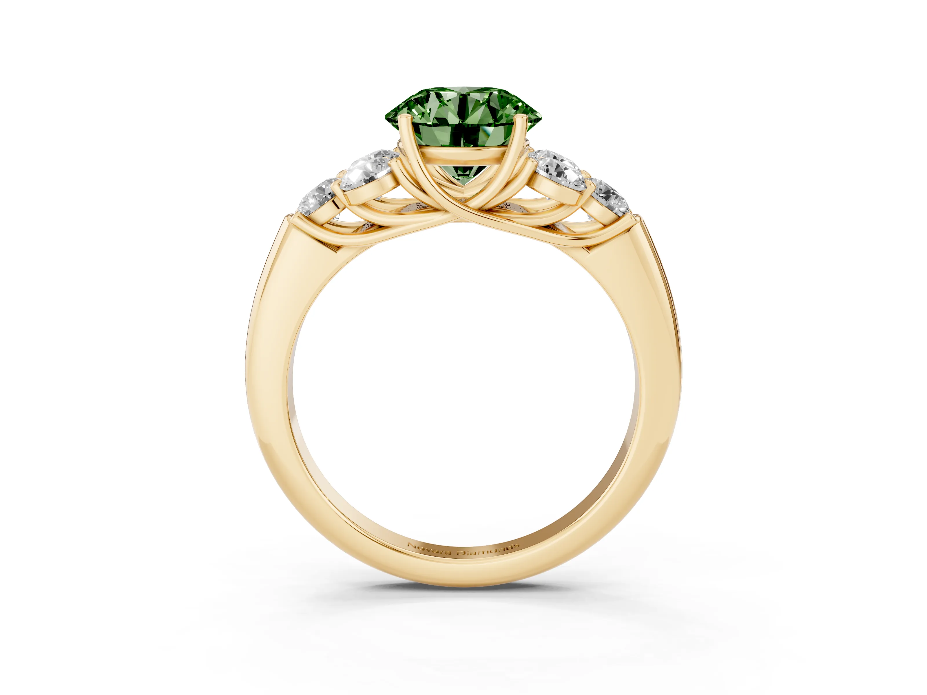 Fancy Green Round Cut Diamond Cluster Ring Set in Yellow gold with Round Accent Stones and Prong Setting on a Plain Band