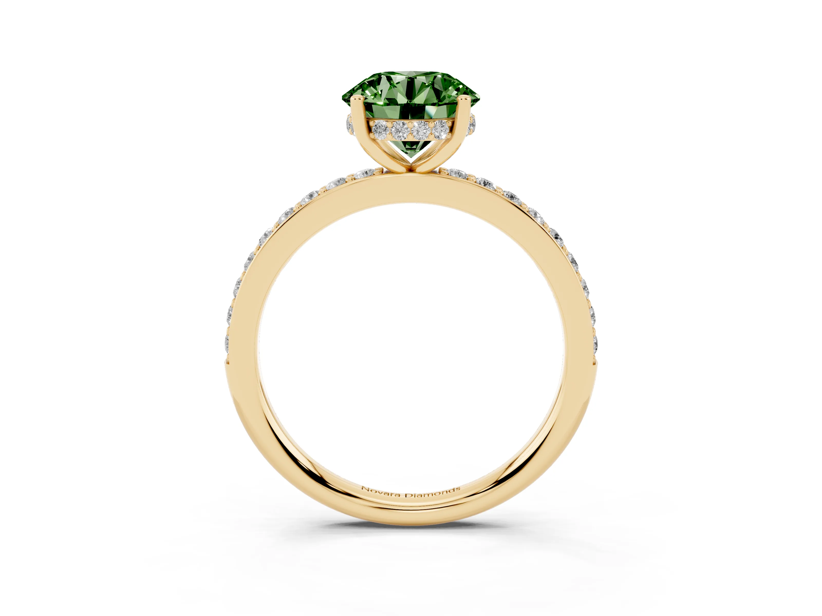 Fancy Green Round Cut Diamond Pavé Band Ring Set in Yellow gold with Prong-Set Center Stone