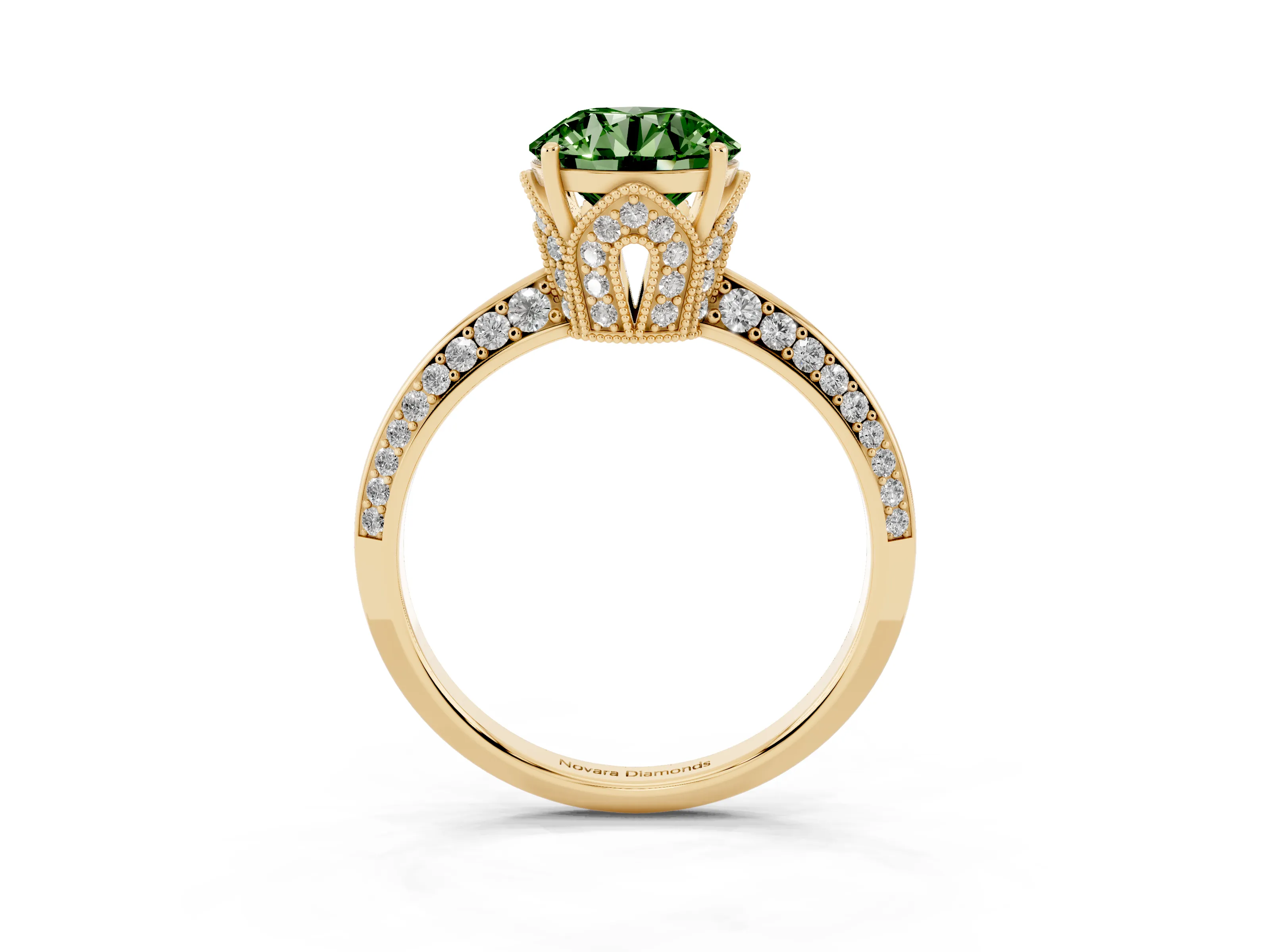 Fancy Green Round Cut Diamond Solitaire Engagement Ring Set in Yellow gold with Pavé Split Shank and Prong Setting
