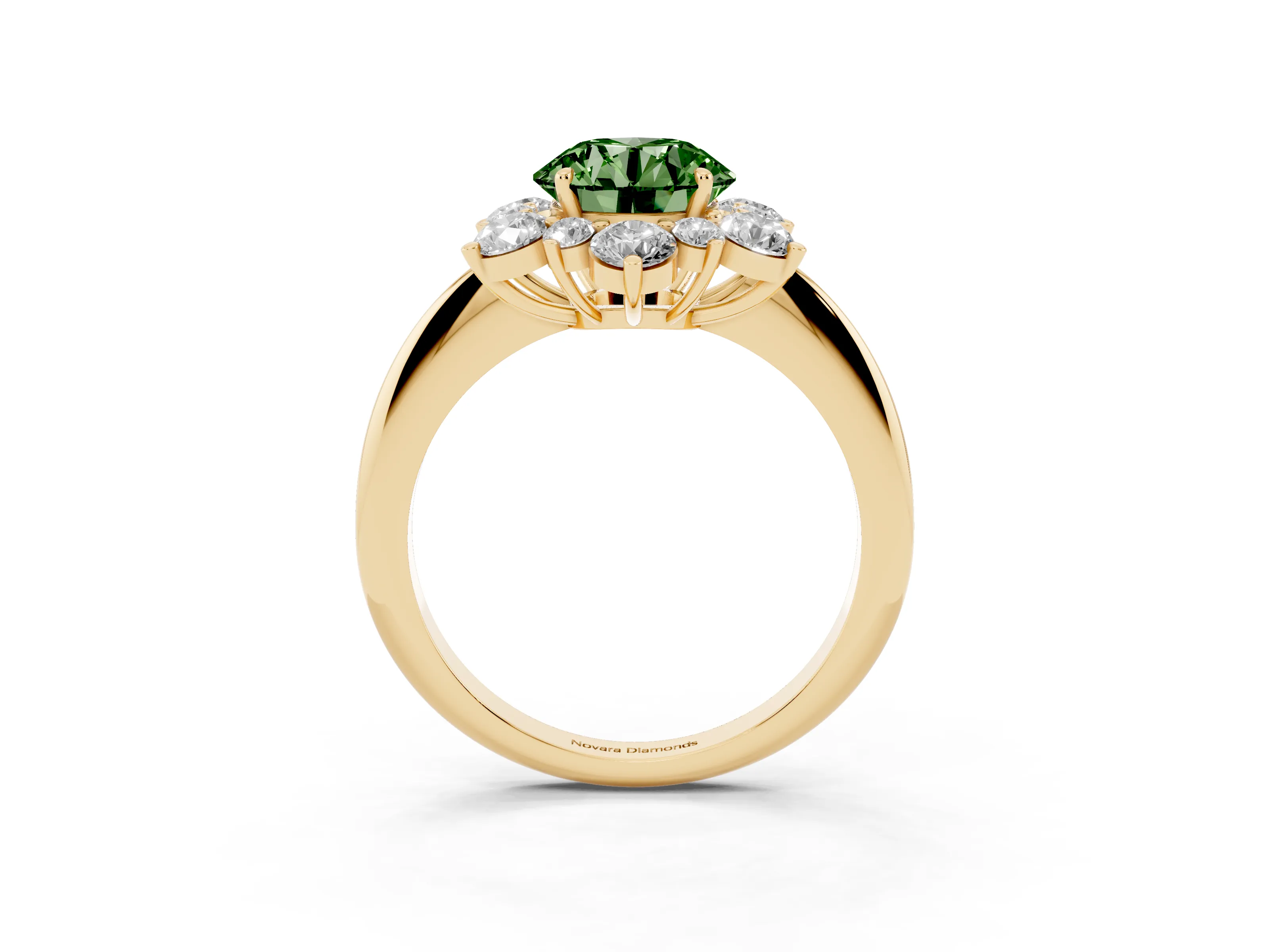 Fancy Green Round Cut Diamond Cluster Halo Ring Set in Yellow gold with Solitaire Band and Prong Setting