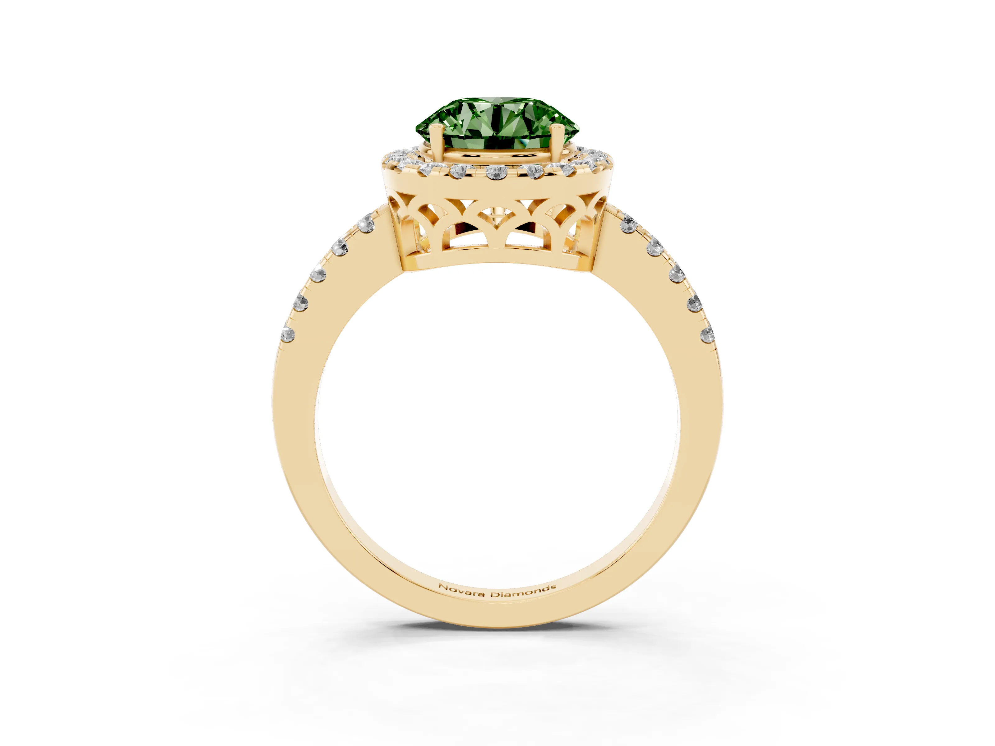 Fancy Green Round Cut Diamond Pavé Band Halo Engagement Ring Set in Yellow gold with Prong Setting