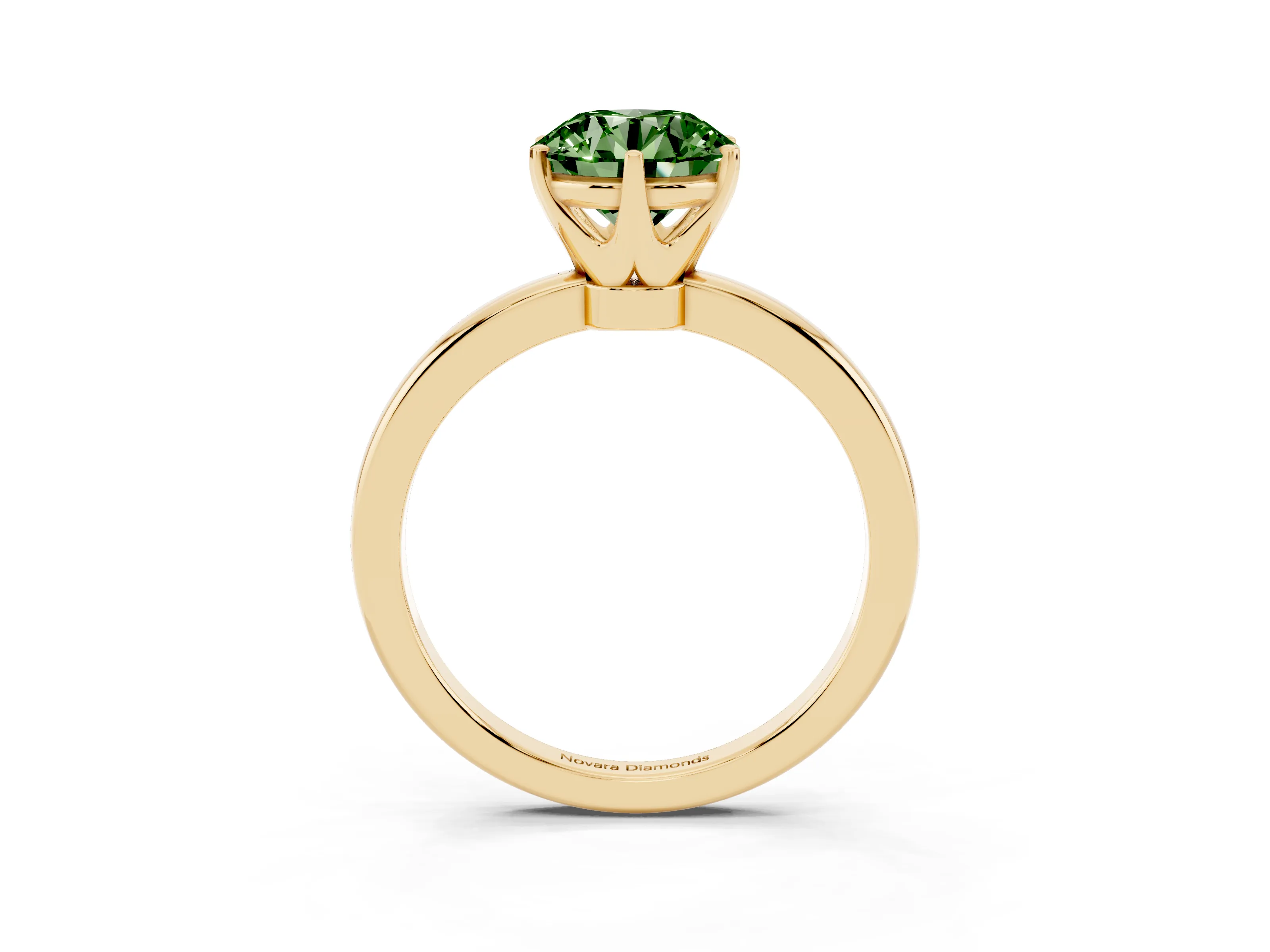 Fancy Green Round Cut Diamond Solitaire Ring Set in Yellow gold with Raised Prong Setting on a Classic Band