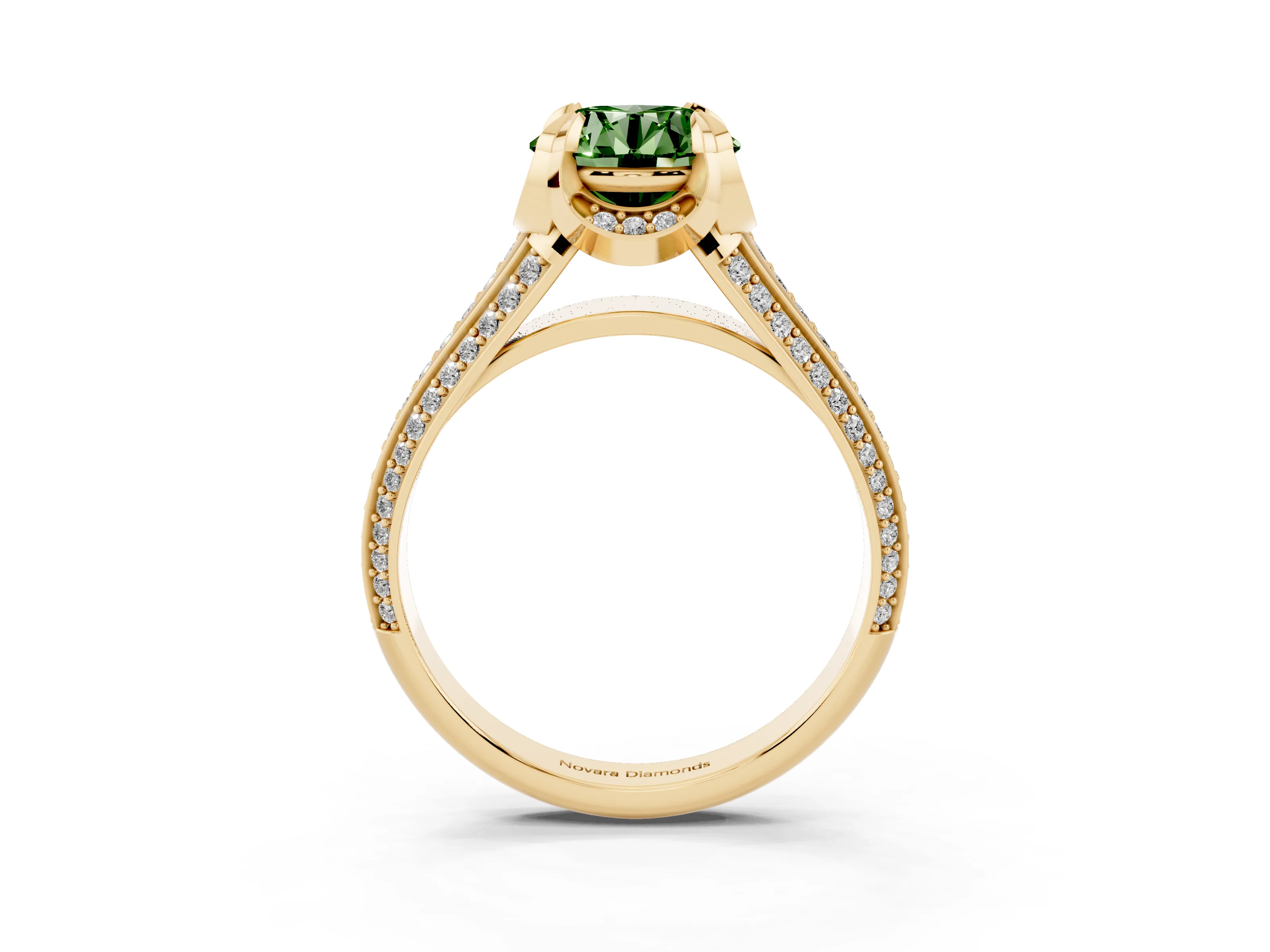 Fancy Green Round Cut Diamond Pavé Split Shank Solitaire Ring Set in Yellow gold with Prong Setting