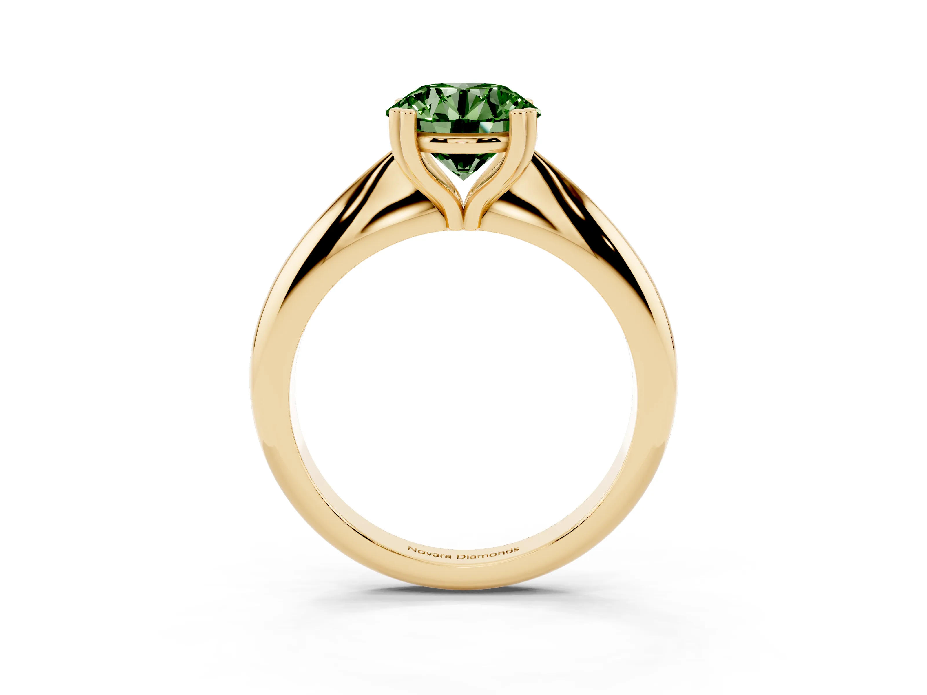 Fancy Green Round Cut Diamond Solitaire Engagement Ring Set in Yellow gold with Tapered Band and Prong Setting