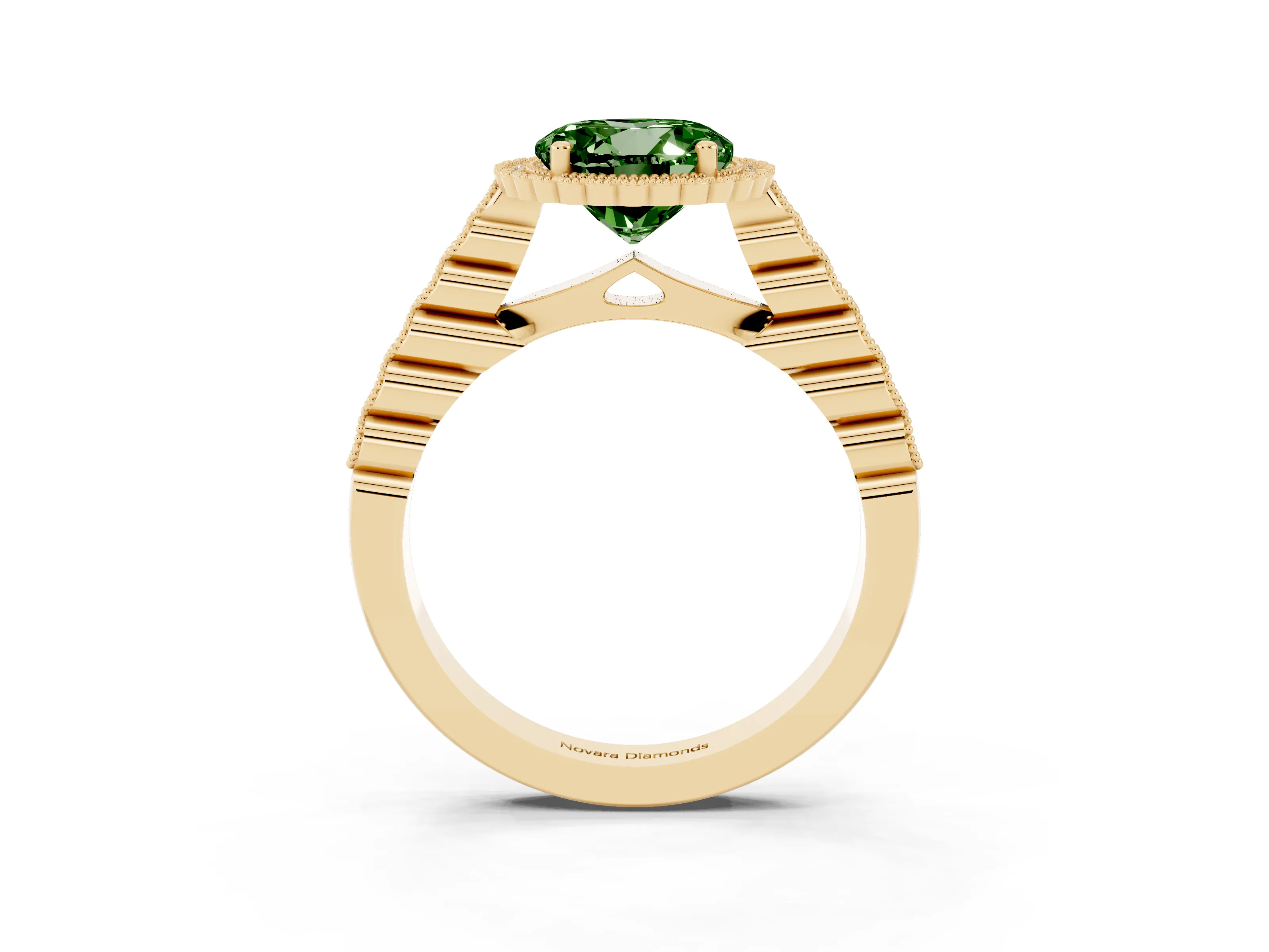 Fancy Green Round Cut Diamond Halo Ring Set in Yellow gold with Pavé Milgrain Band