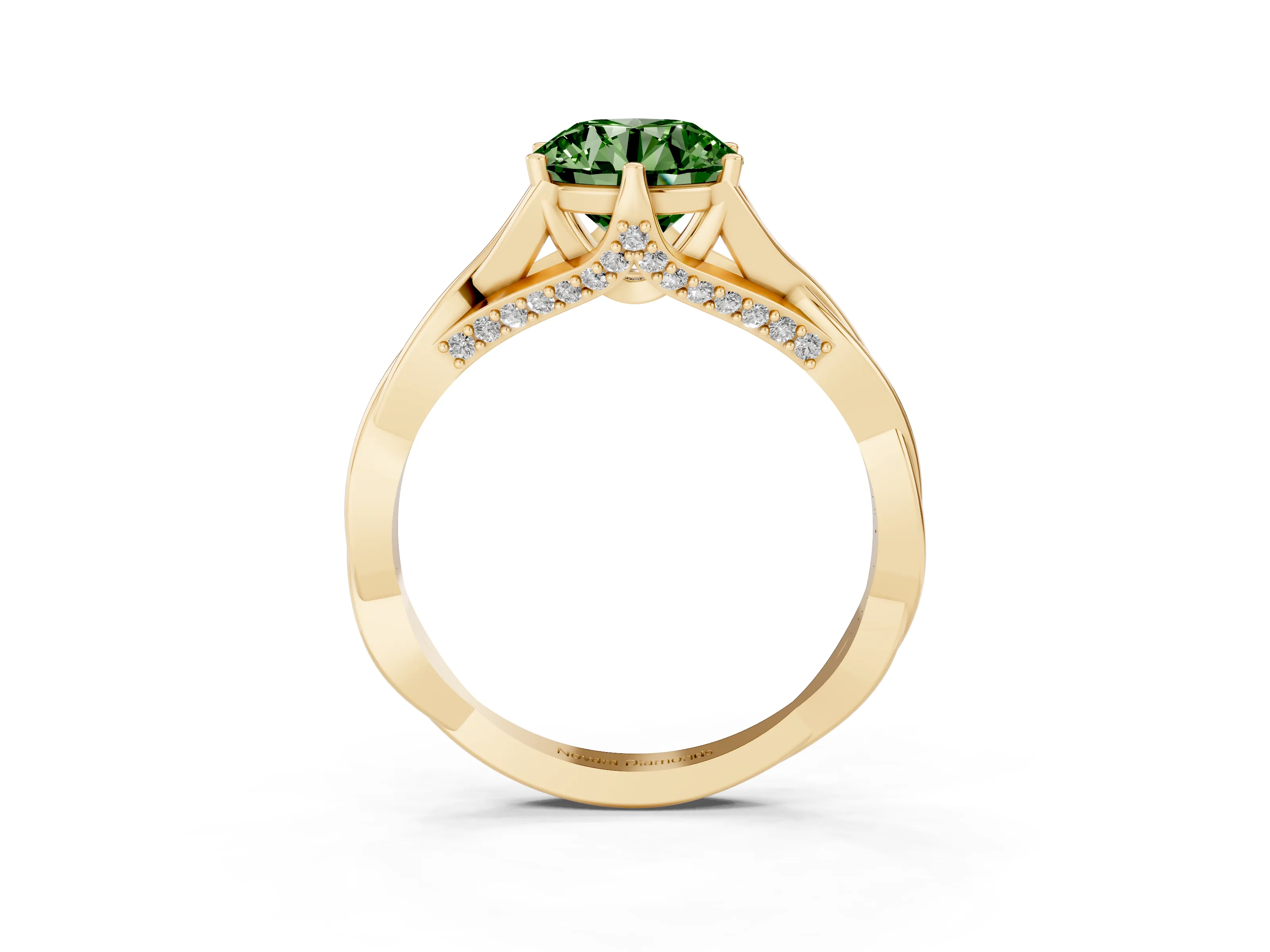 Fancy Green Round Cut Diamond Intertwined Twist Band Solitaire Ring Set in Yellow gold with Prong Setting