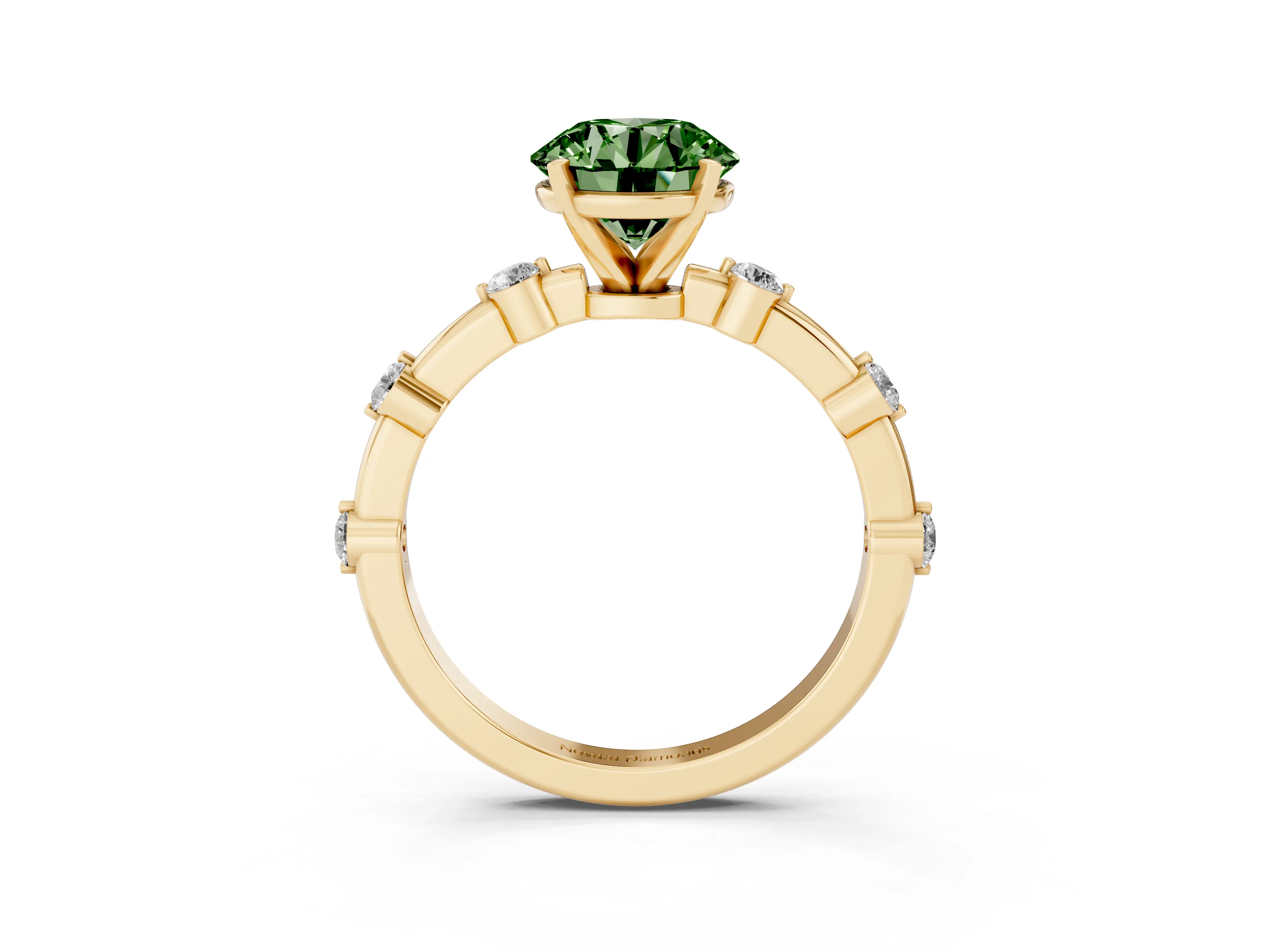 Fancy Green Round Cut Diamond Solitaire Ring Set in Yellow gold with Bezel Set Side Stones and Prong Setting