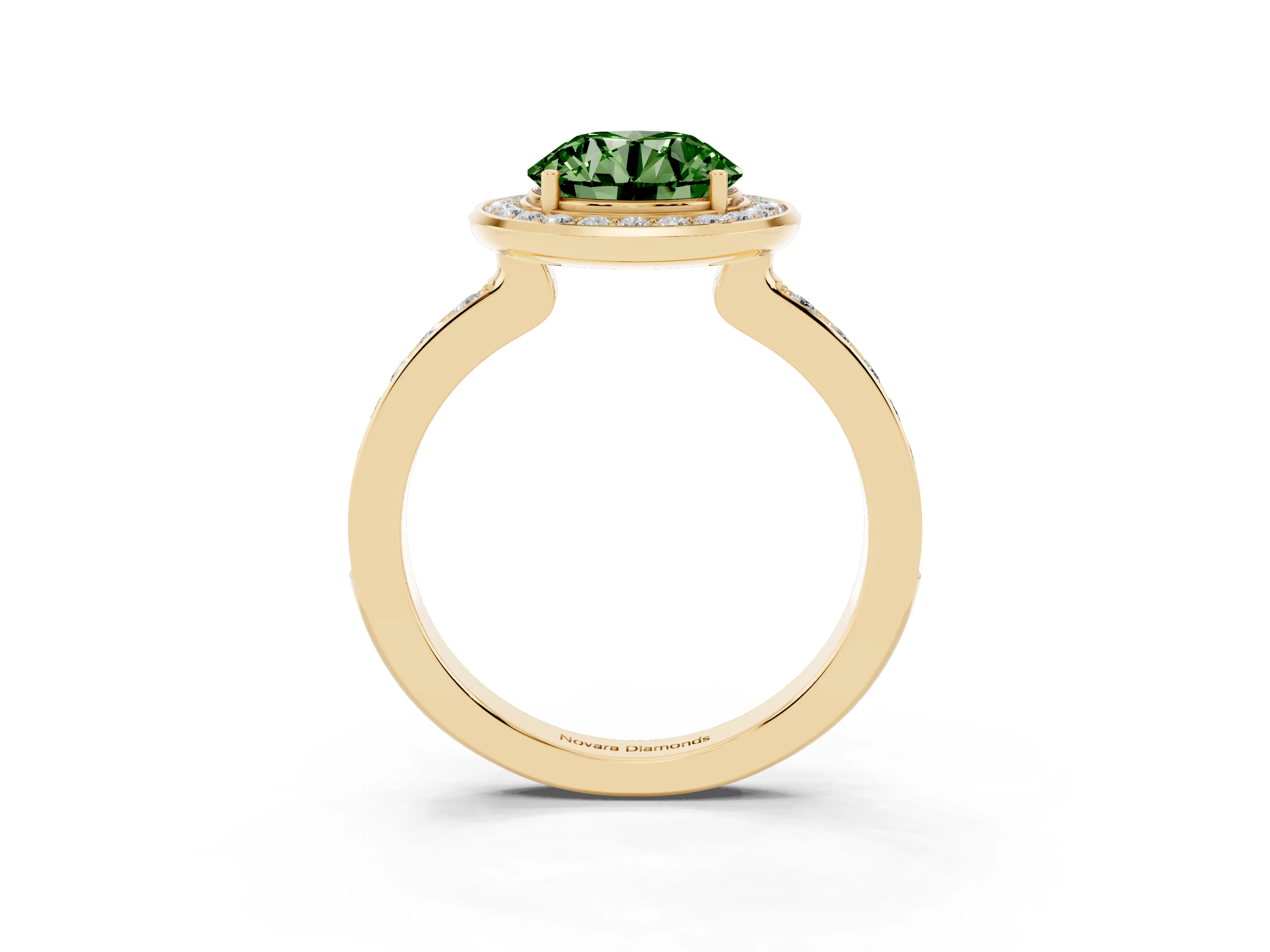 Fancy Green Round Cut Diamond Halo Ring Set in Yellow gold with Bezel Frame and Pavé Band