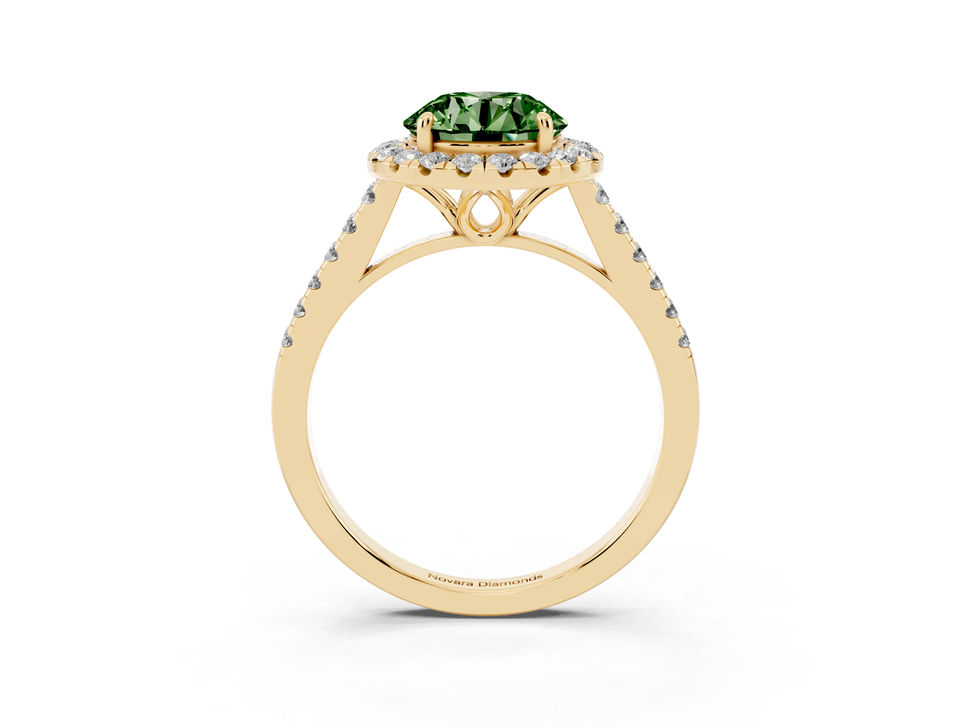 Fancy Green Round Cut Diamond Pavé Halo Engagement Ring Set in Yellow gold with Pavé Band and Prong Setting