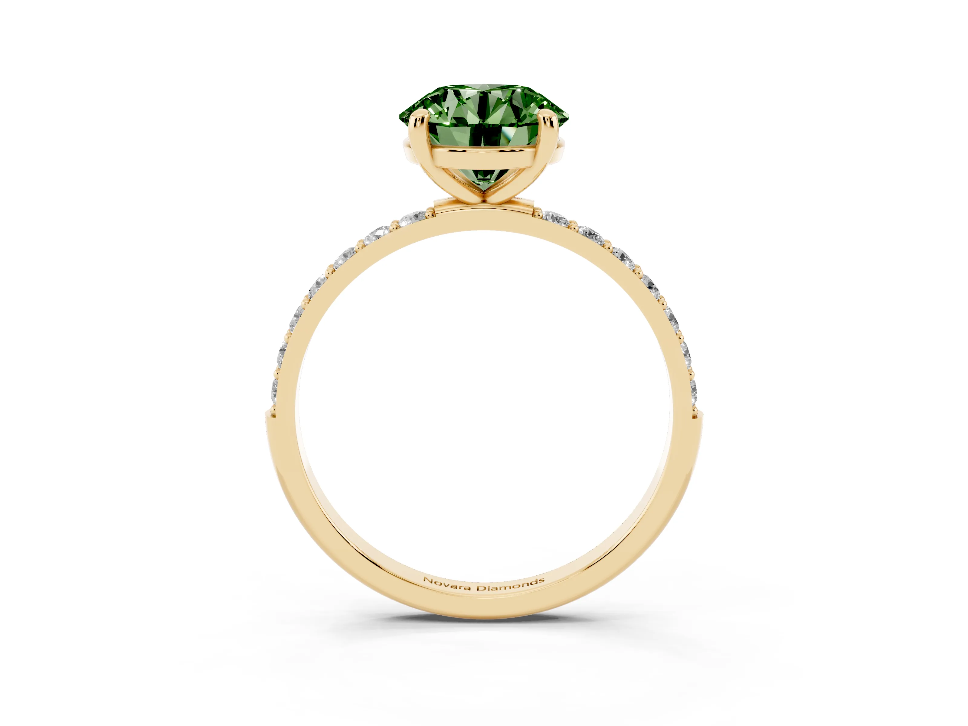 Fancy Green Round Cut Diamond Solitaire Ring Set in Yellow gold with Round Pavé Band and Prong Setting