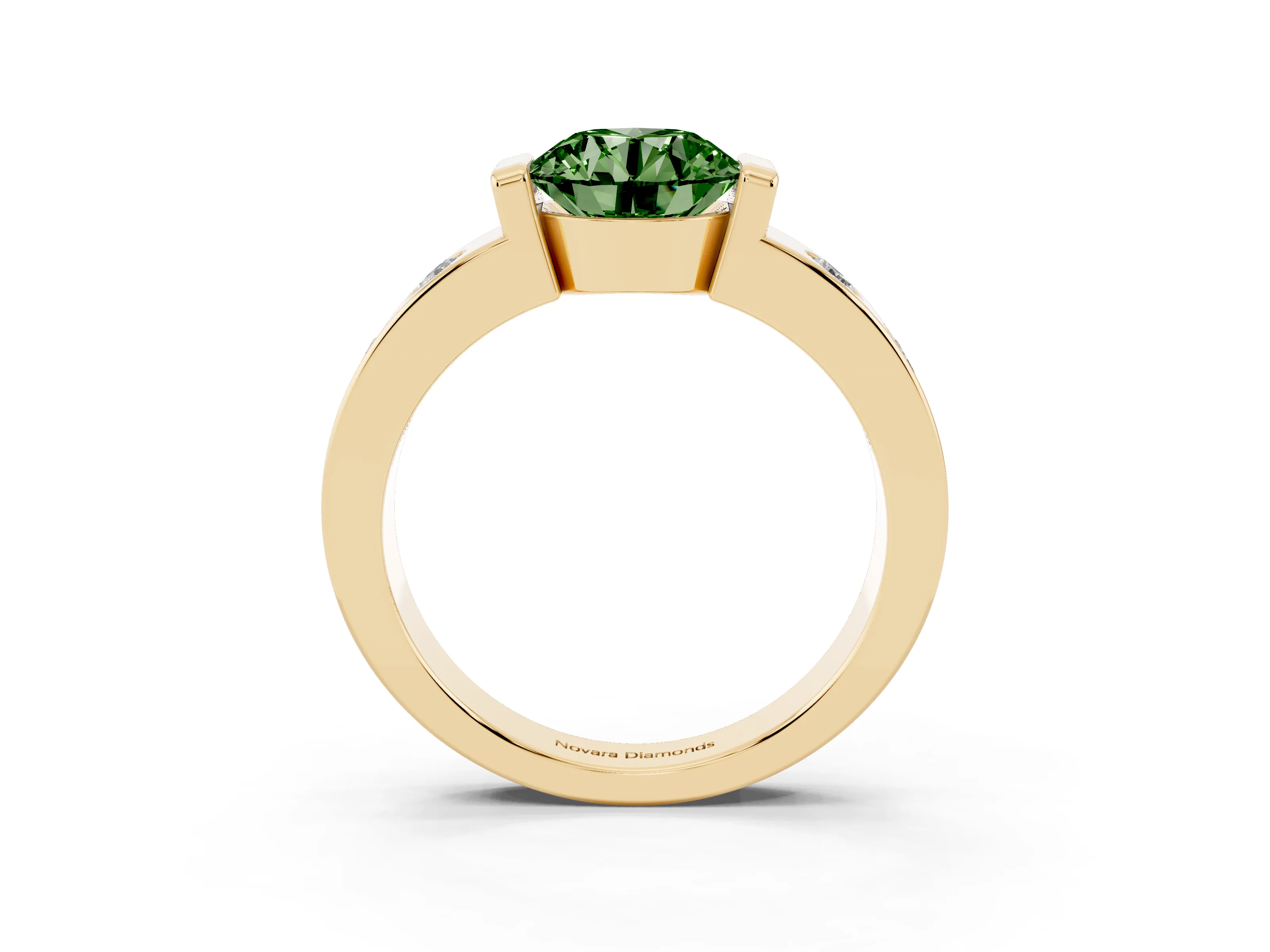 Fancy Green Round Cut Diamond Channel-Set Band Ring Set in Yellow gold with Bezel Prong Setting