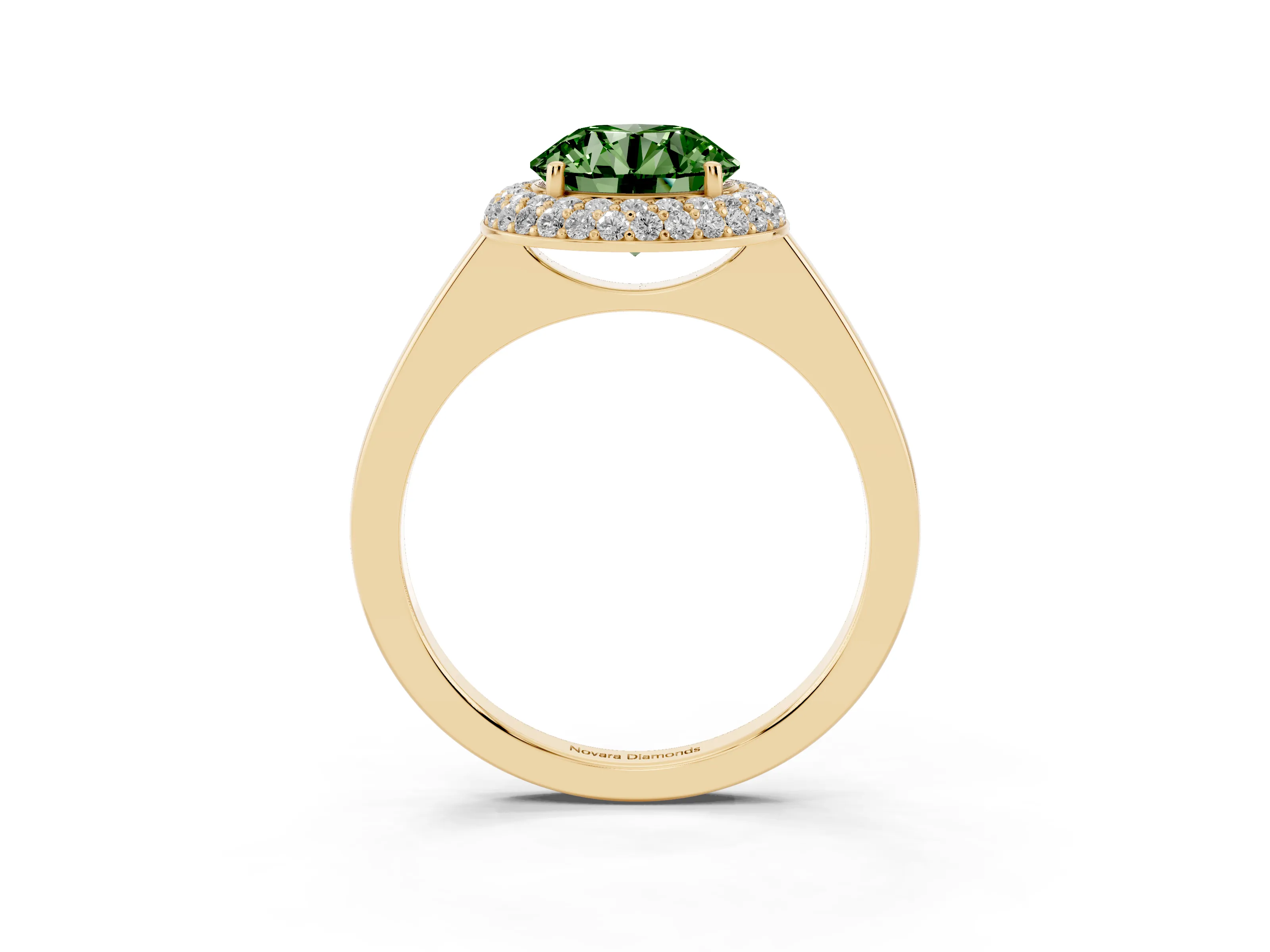 Fancy Green Round Cut Diamond Halo Engagement Ring Set in Yellow gold with Solitaire Band and Prong Setting