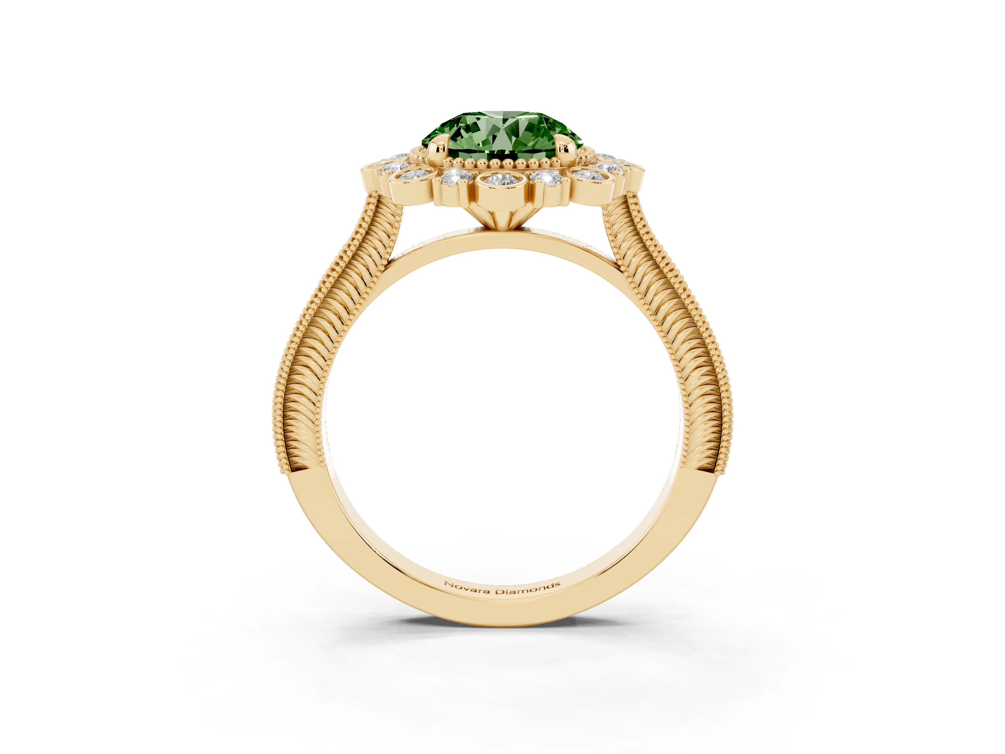 Fancy Green Round Cut Diamond Halo Milgrain Pavé Ring Set in Yellow gold with Prong Setting