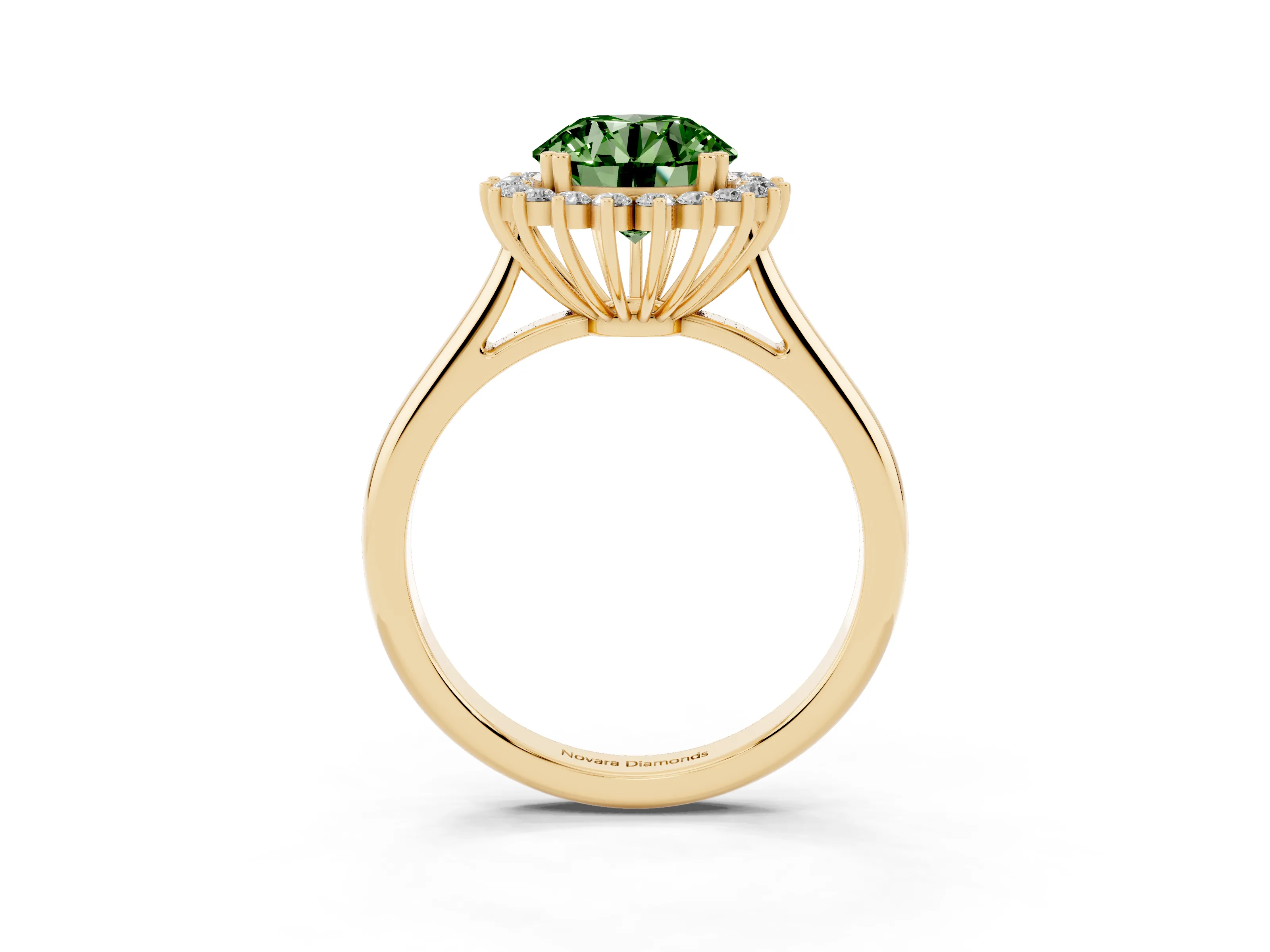 Fancy Green Round Cut Diamond Halo Ring Set in Yellow gold with Plain Solitaire Band and Prong Setting