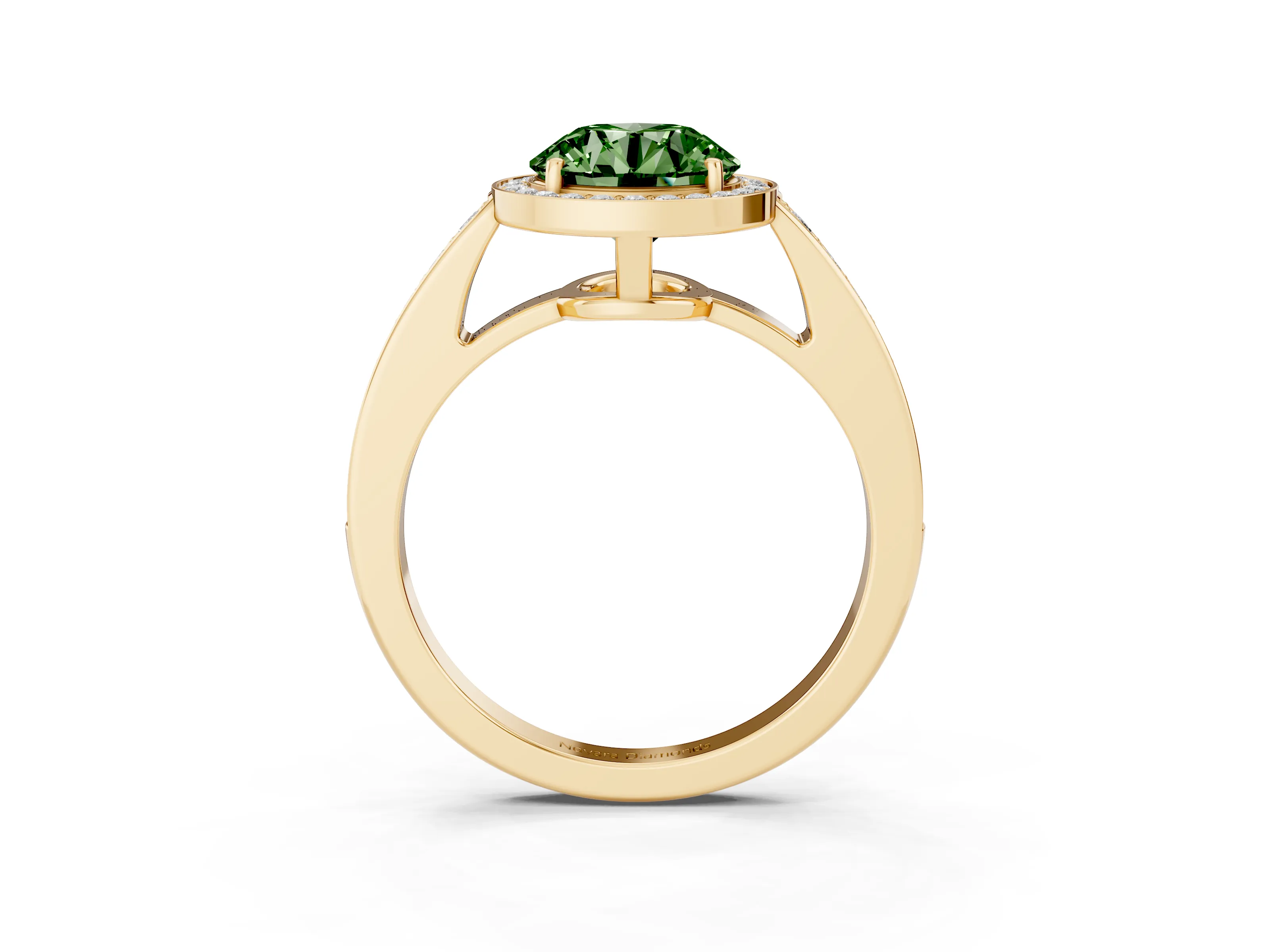 Fancy Green Round Cut Diamond Halo Pavé Engagement Ring Set in Yellow gold with Bezel Setting