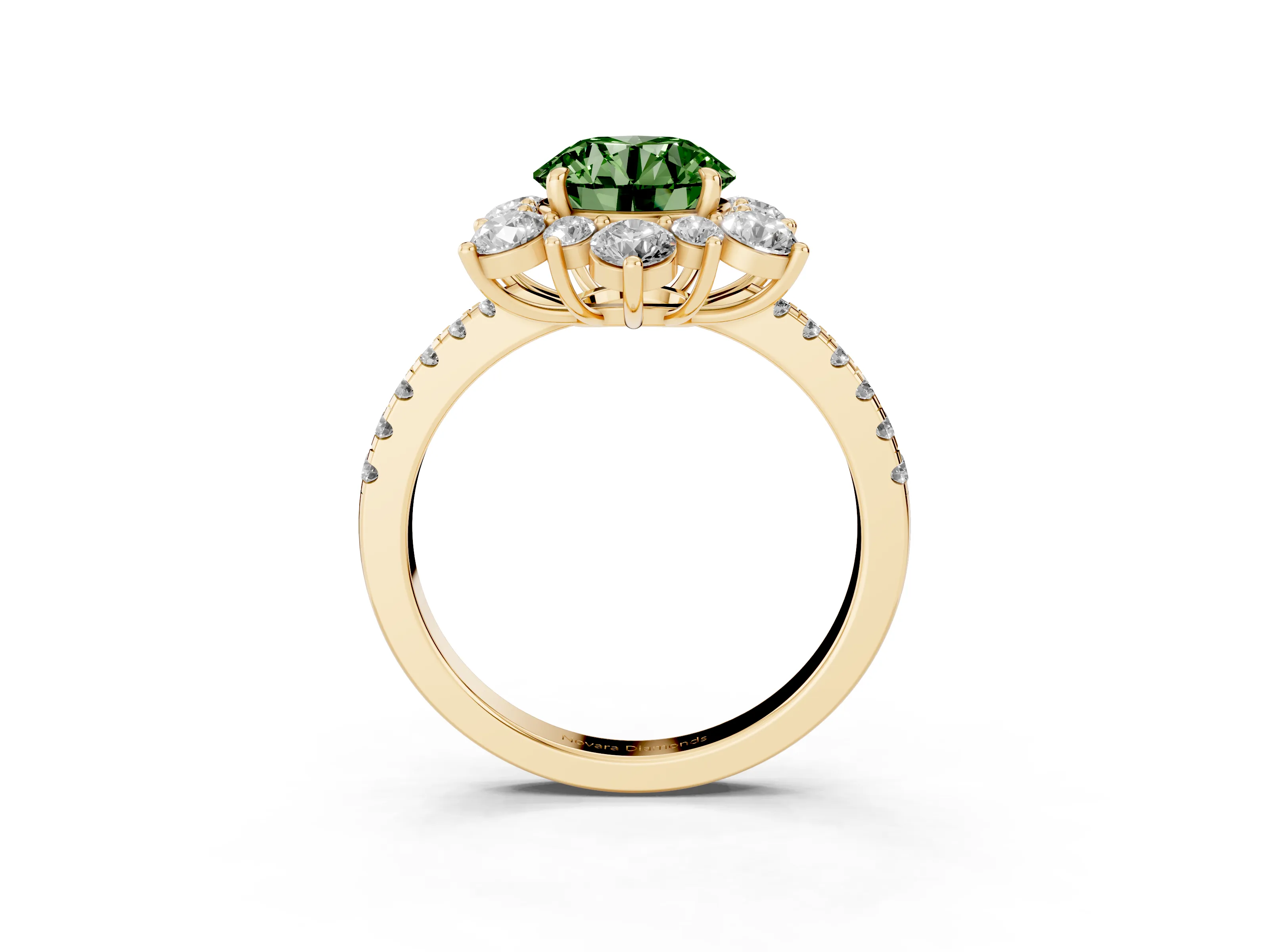 Fancy Green Round Cut Diamond Floral Halo Ring Set in Yellow gold with Round Pavé Band and Prong Setting