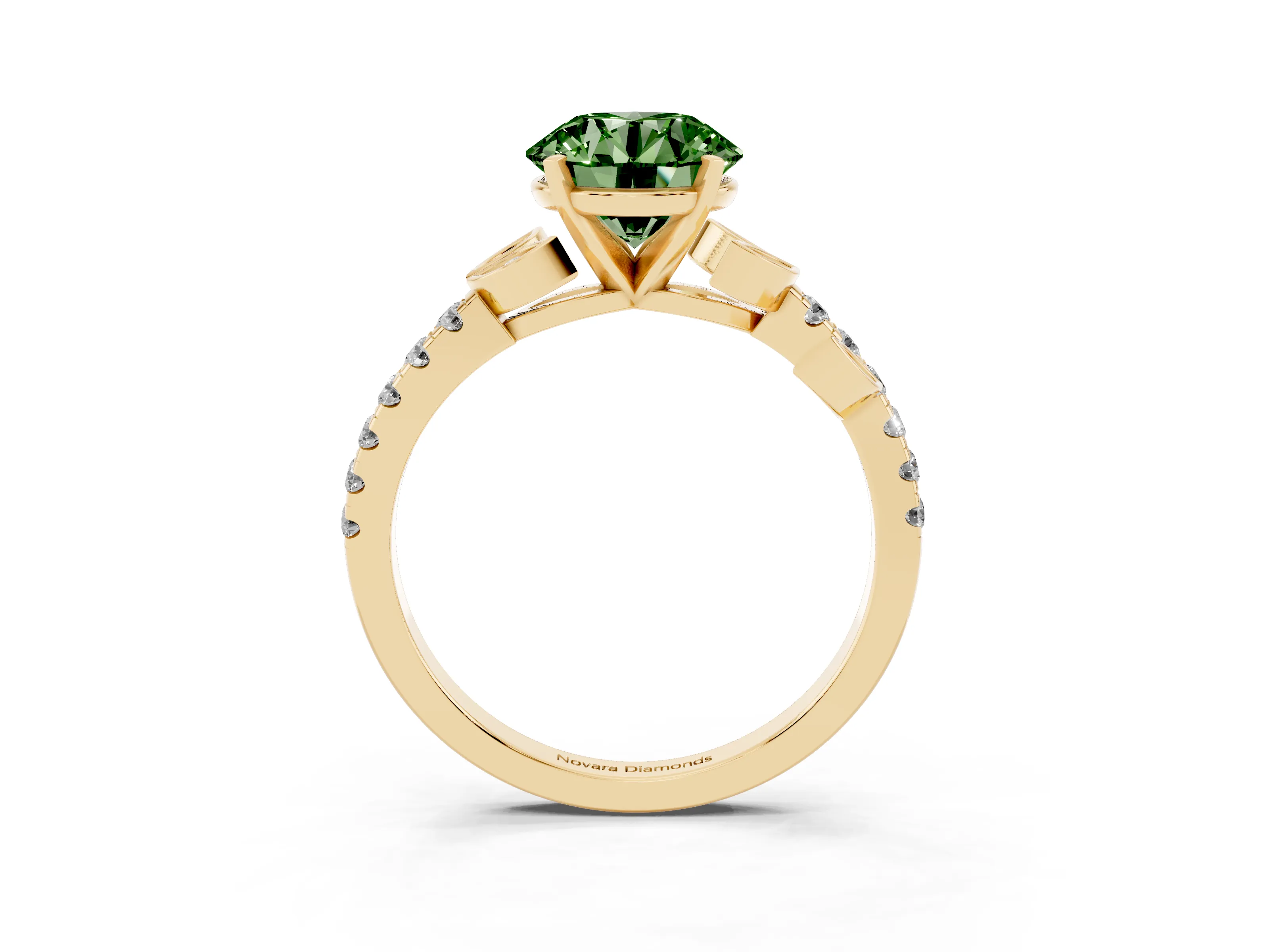 Fancy Green Round Cut Diamond Solitaire Leaf-Inspired Ring Set in Yellow gold with Pavé Band and Prong Setting
