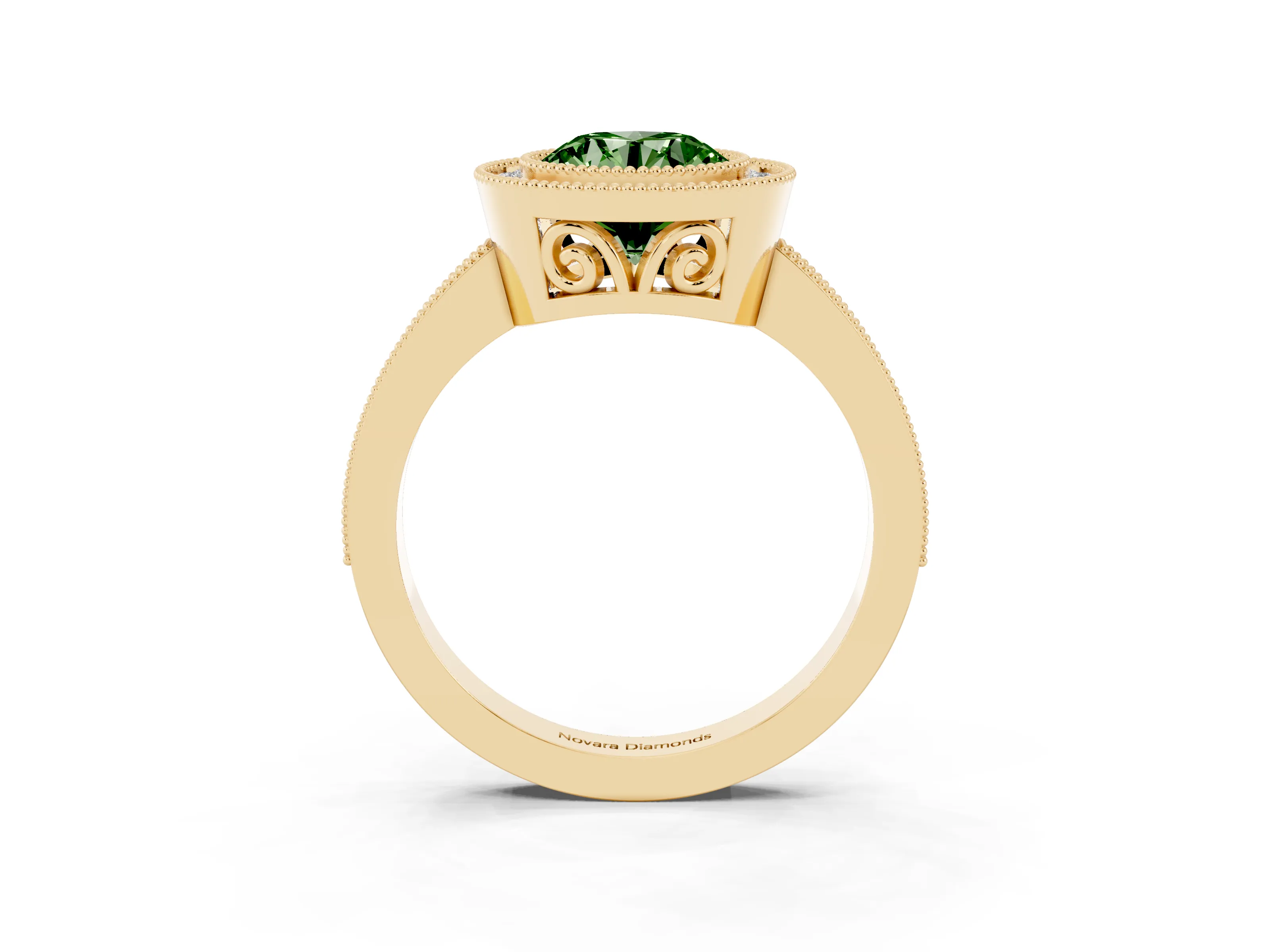 Fancy Green Round Cut Diamond Halo Ring Set in Yellow gold with Pavé Band and Milgrain-Edged Prongs