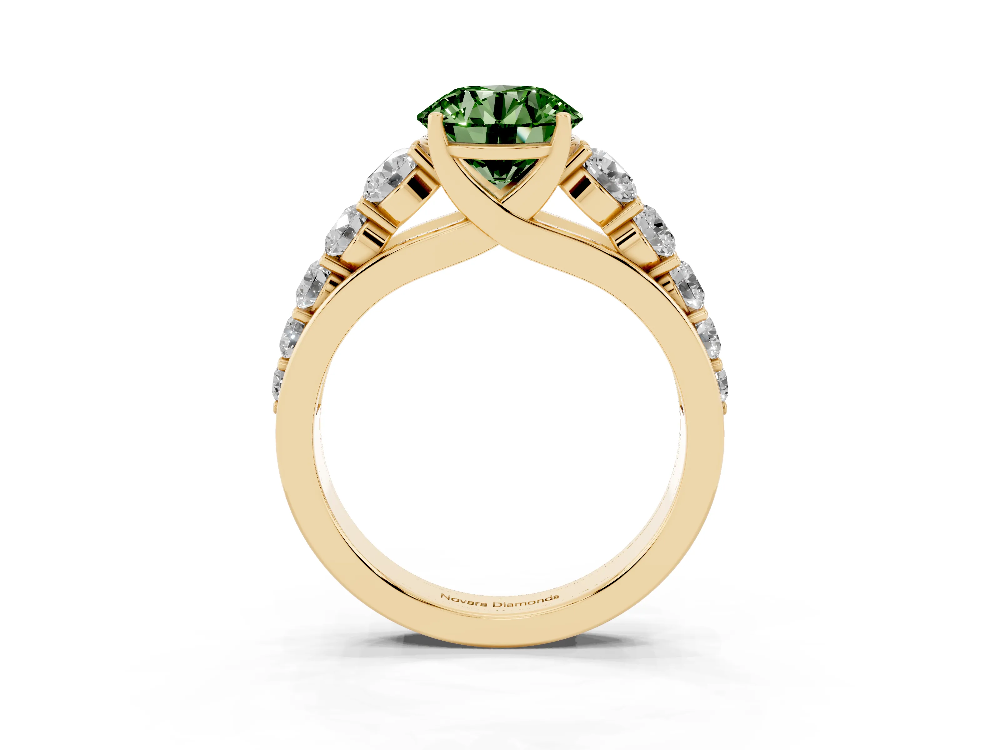 Fancy Green Round Cut Diamond Solitaire Ring Set in Yellow gold with Pavé-Set Band and Prong Setting