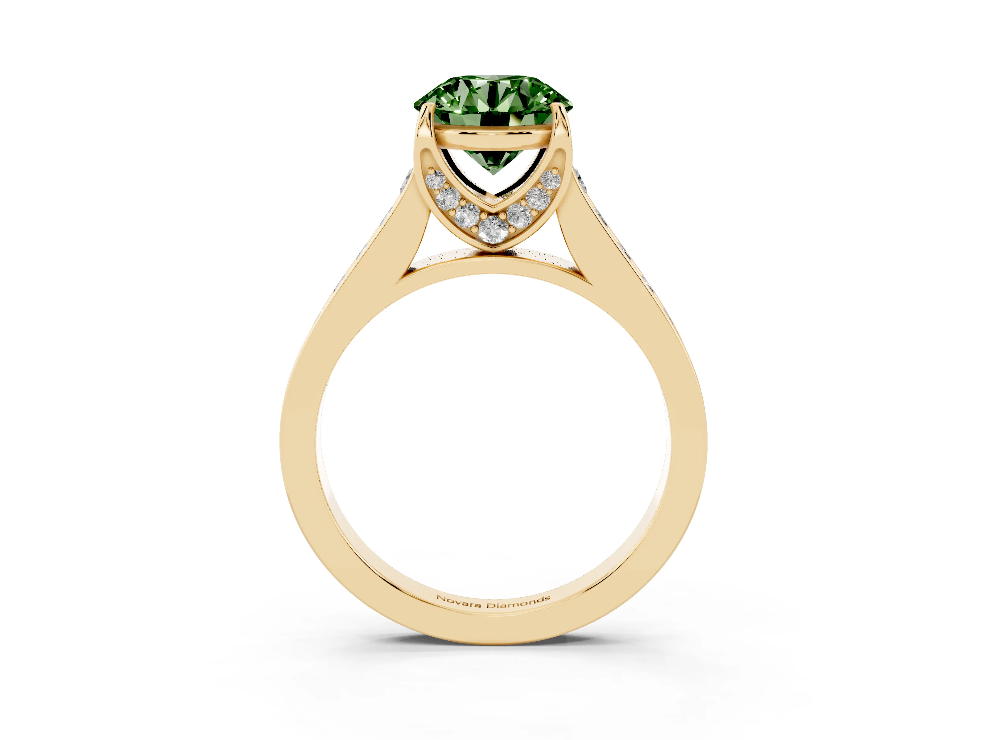 Fancy Green Round Cut Diamond Solitaire Pavé Engagement Ring Set in Yellow gold with Prong Setting