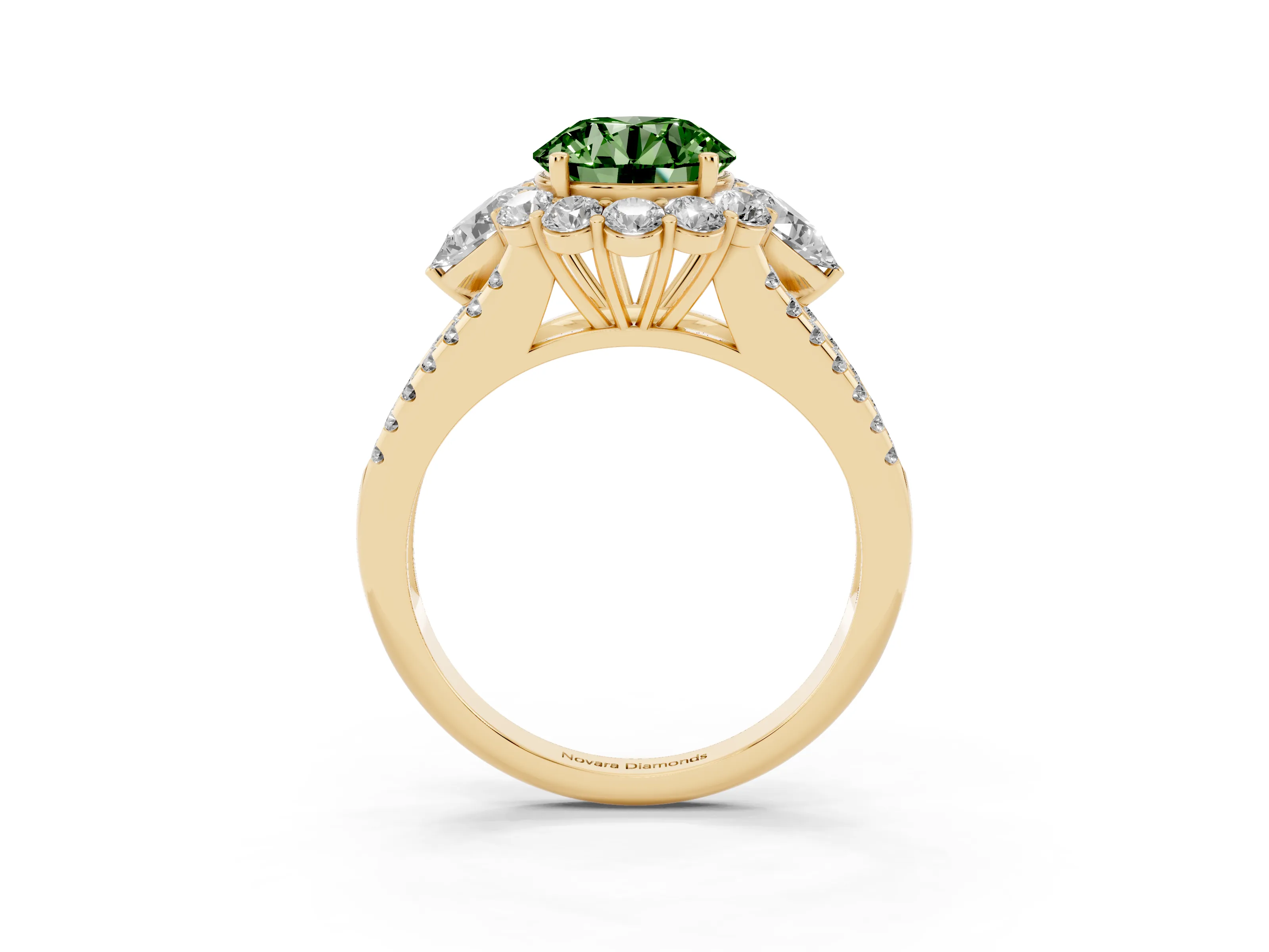Fancy Green Round Cut Diamond Halo Split Shank Engagement Ring Set in Yellow gold with Prong-Held Center Stone