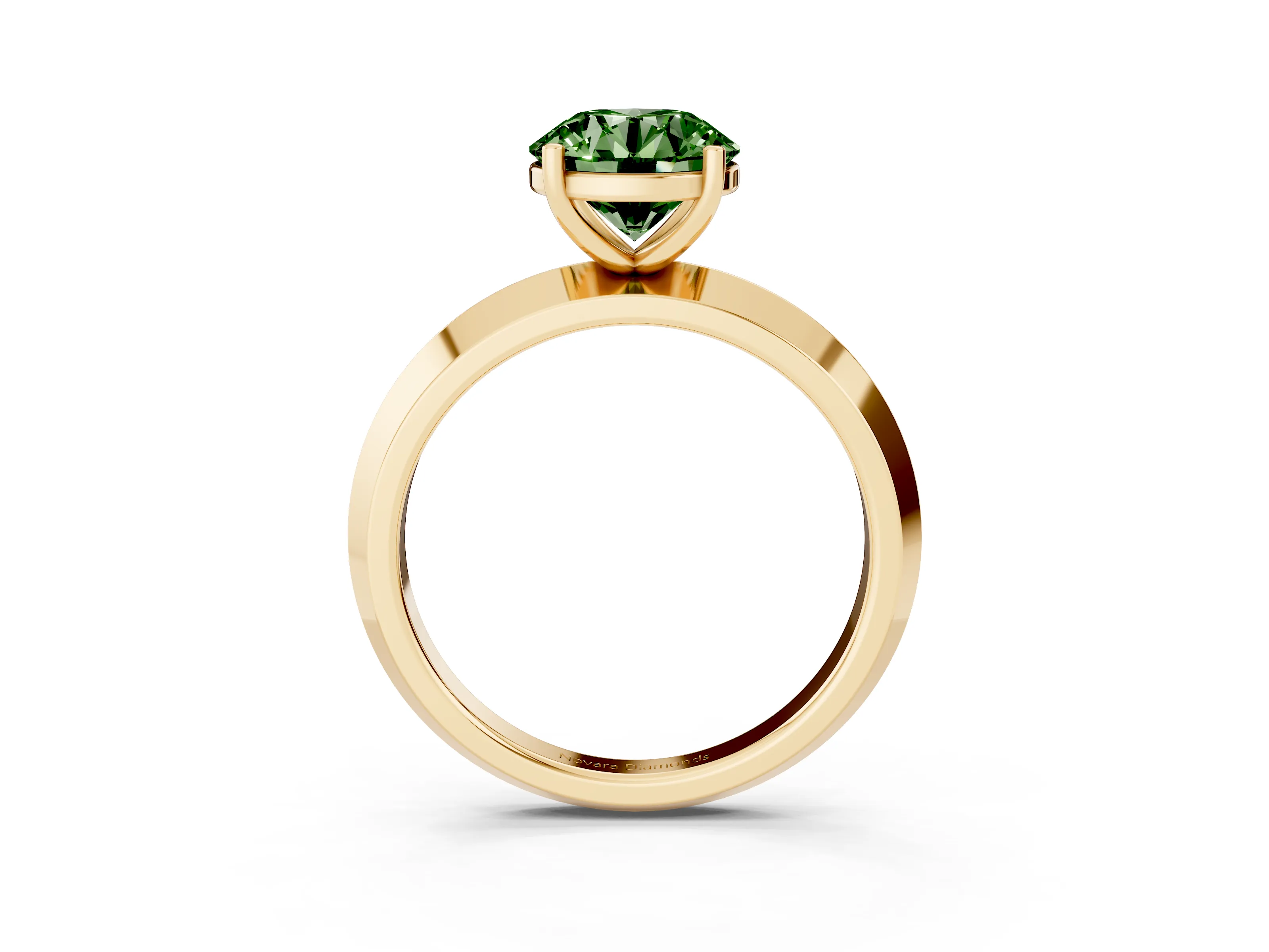 Fancy Green Round Cut Diamond Solitaire Engagement Ring Set in Yellow gold with Flat Band and Prong Setting