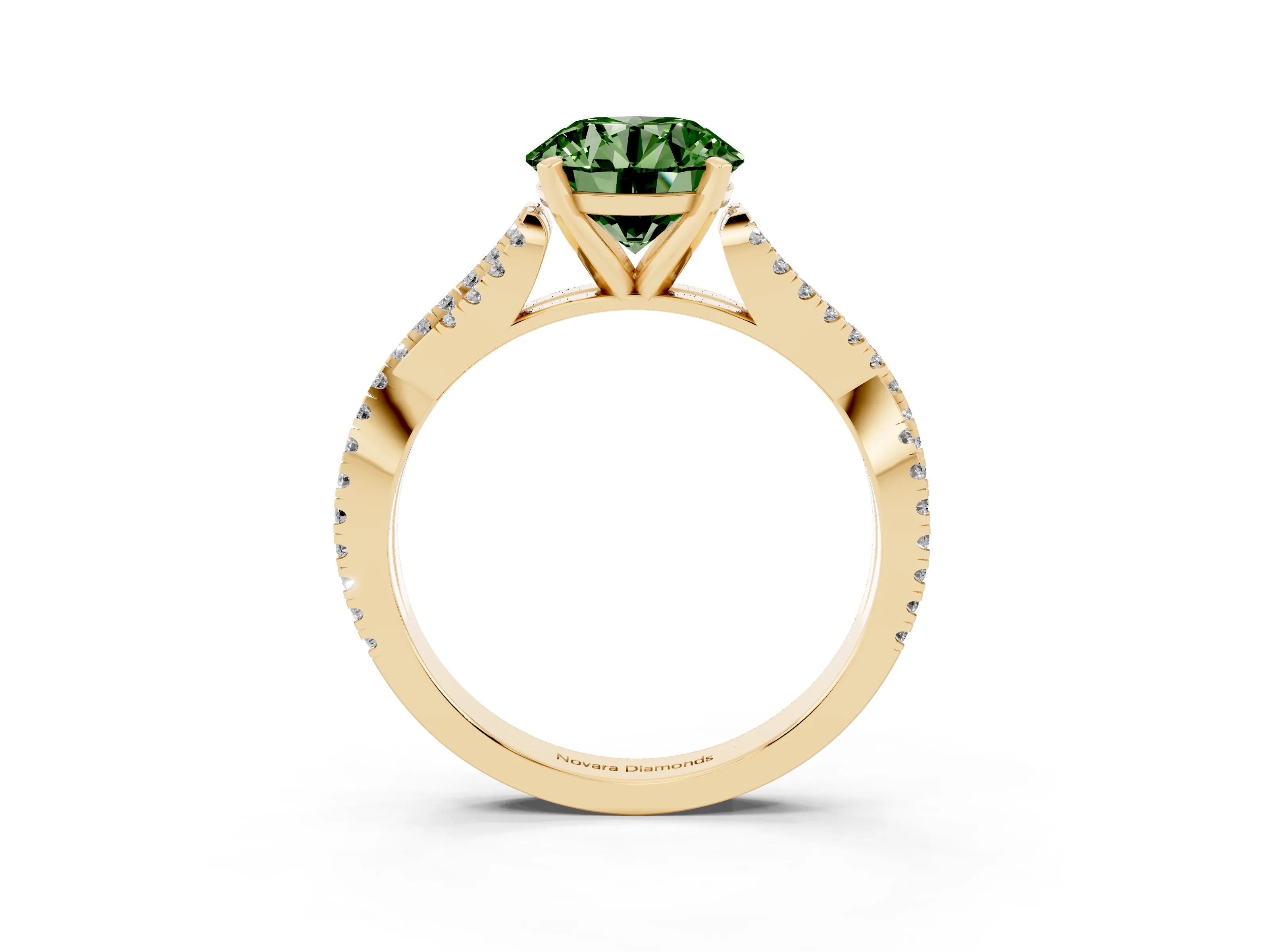 Fancy Green Round Cut Diamond Solitaire Engagement Ring Set in Yellow gold with Twisted Pavé Band and Prong Setting