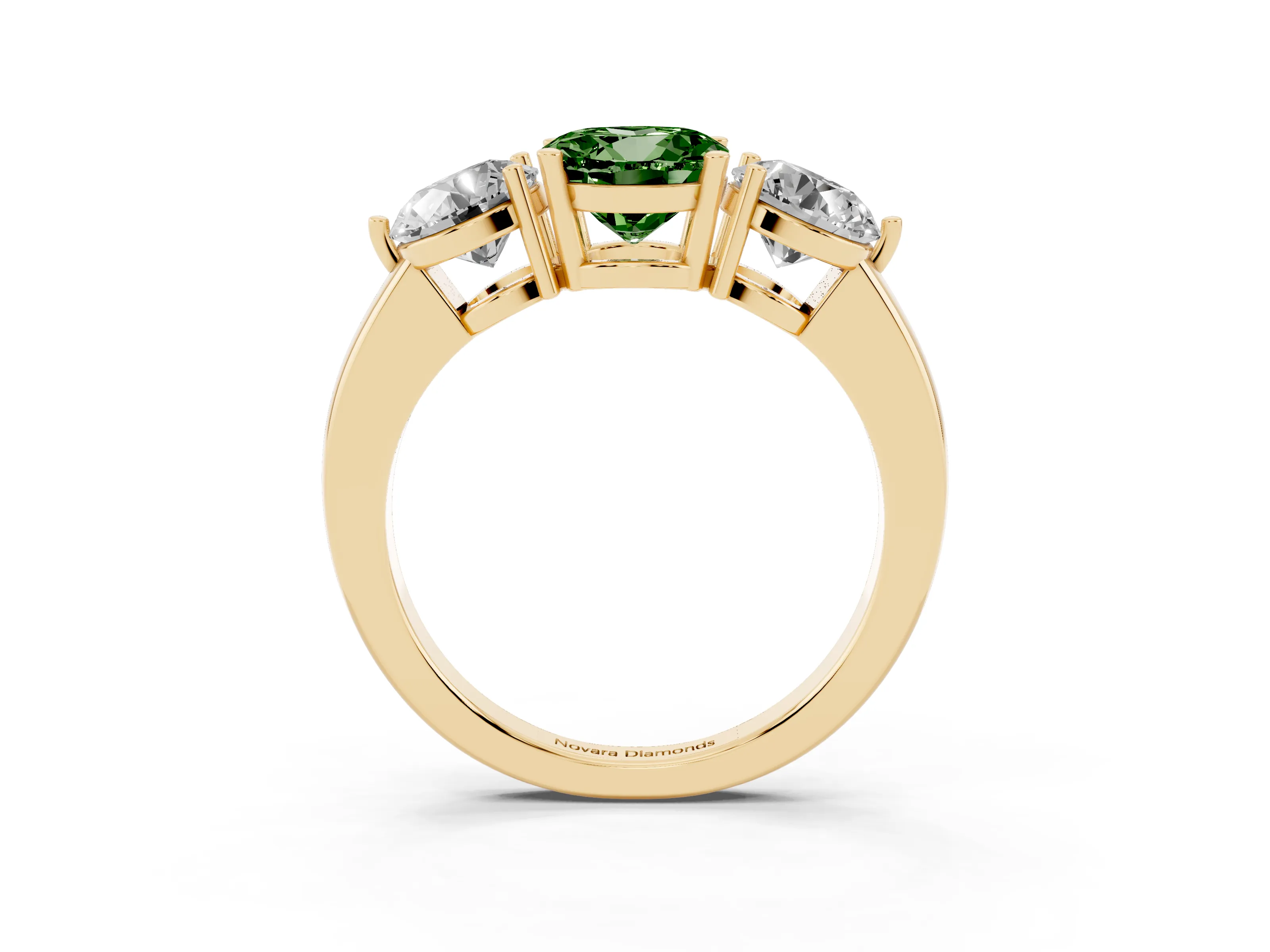 Fancy Green Round Cut Diamond Three-Stone Ring Set in Yellow gold with Prong Setting and Plain Band