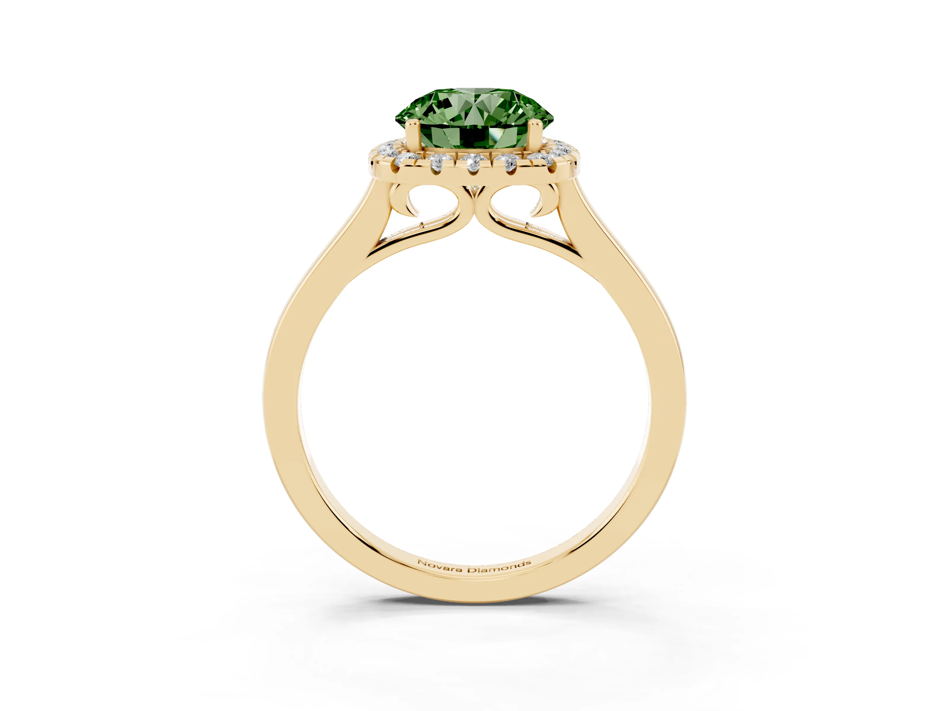 Fancy Green Round Cut Halo Round Diamond Solitaire Ring Set in Yellow gold with Pavé Band and Prong Setting