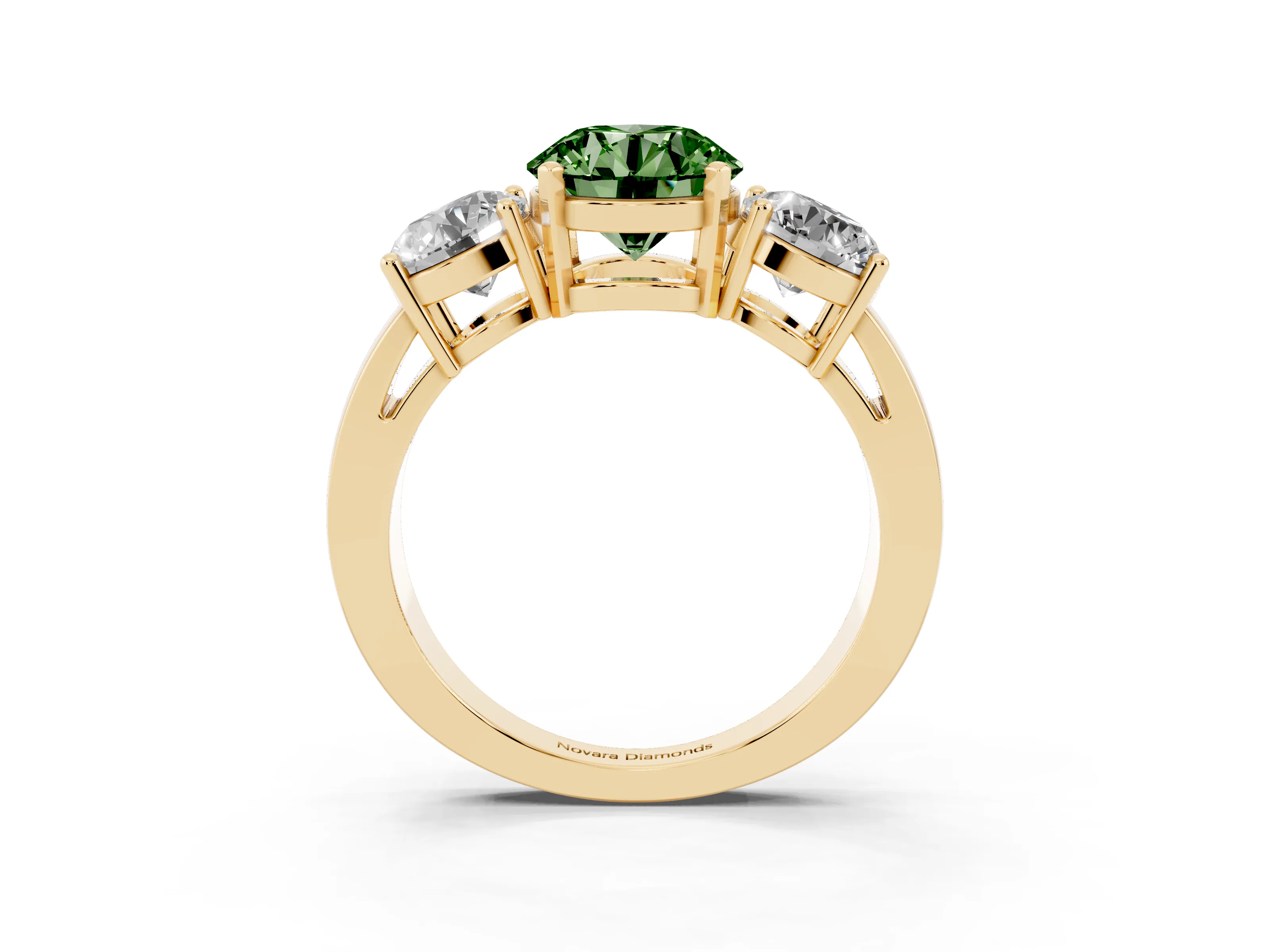 Fancy Green Round Cut Diamond Three-Stone Ring Set in Yellow gold with Round Side Stones and Classic Band