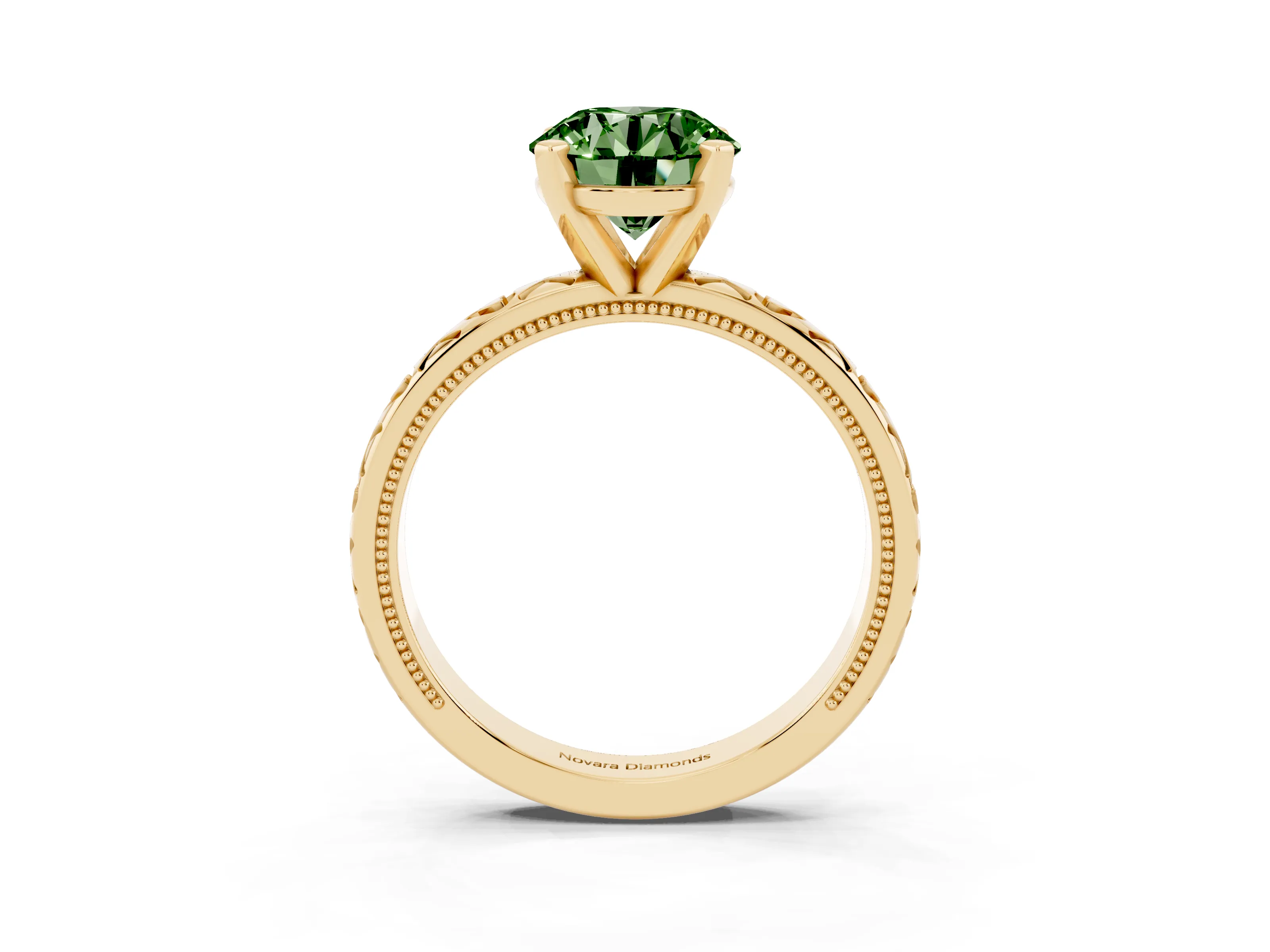 Fancy Green Round Cut Diamond Solitaire Engagement Ring Set in Yellow gold with XO Engraved Band and Prong Setting