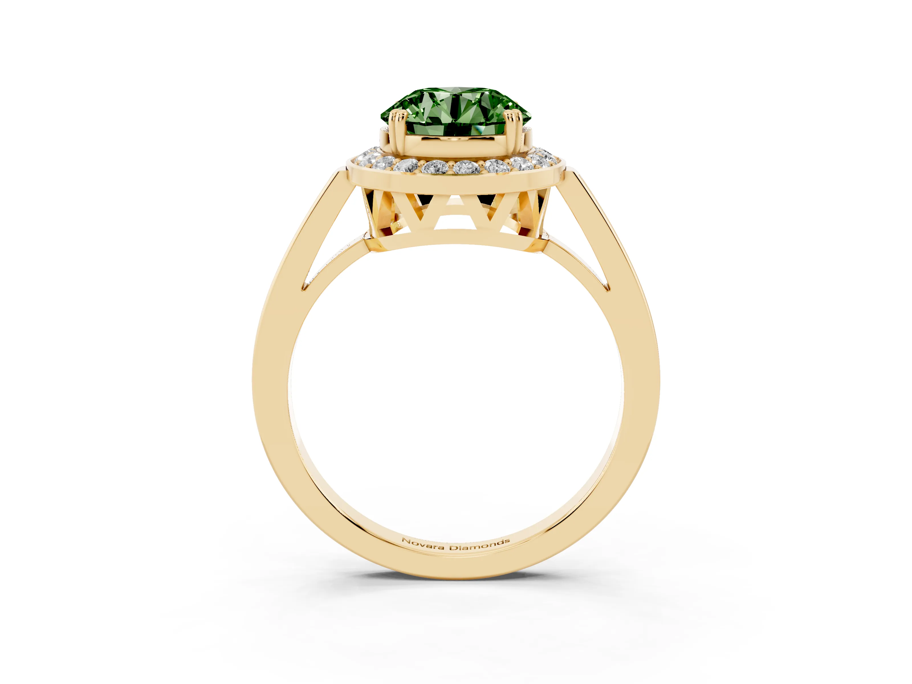 Fancy Green Round Cut Diamond Halo Ring Set in Yellow gold with Accent-Lined Split Shank and Prong Setting