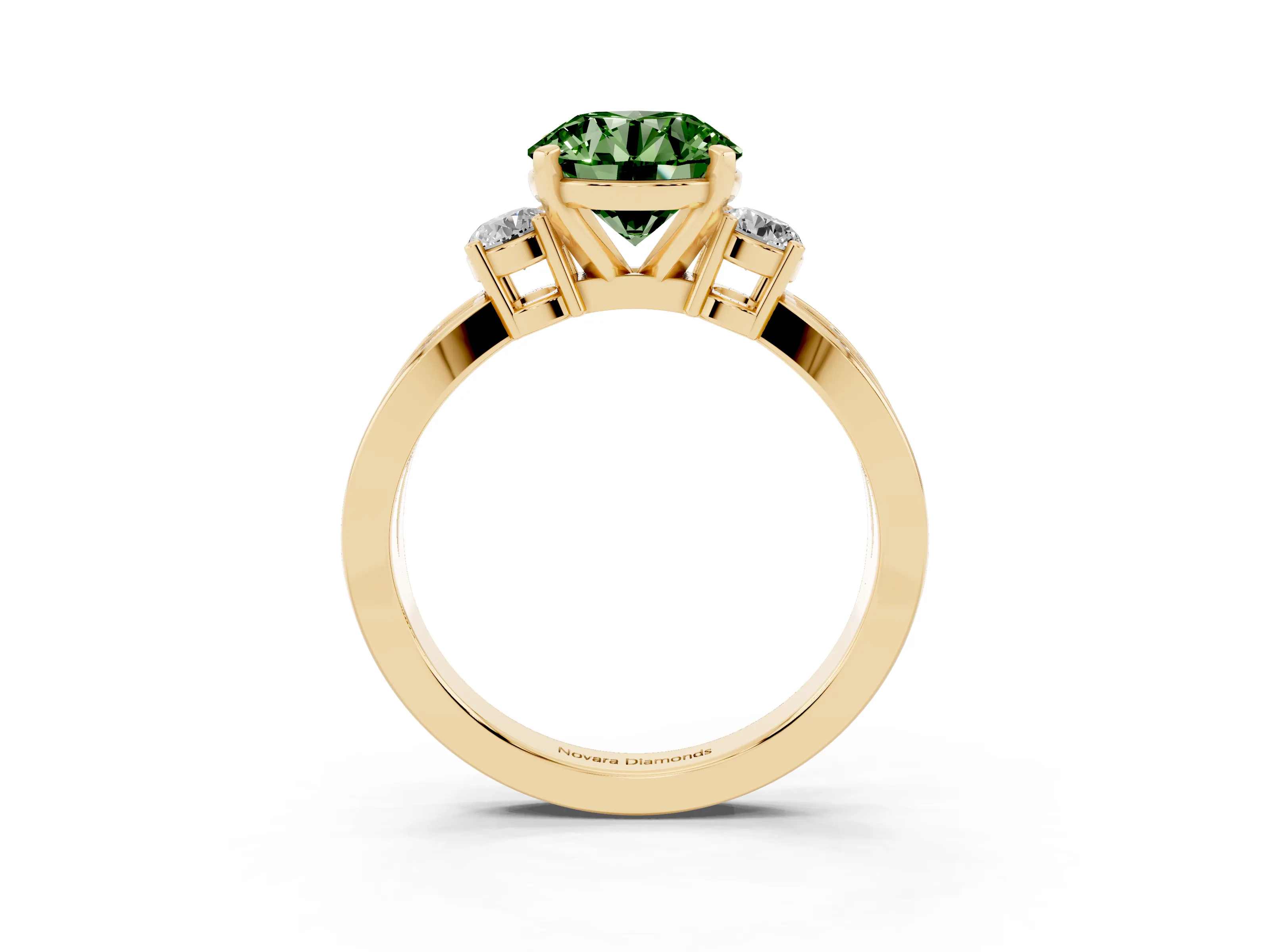 Fancy Green Three-Stone Round Cut Diamond Twist Band Ring Set in Yellow gold with Pavé Accents and Prong Setting