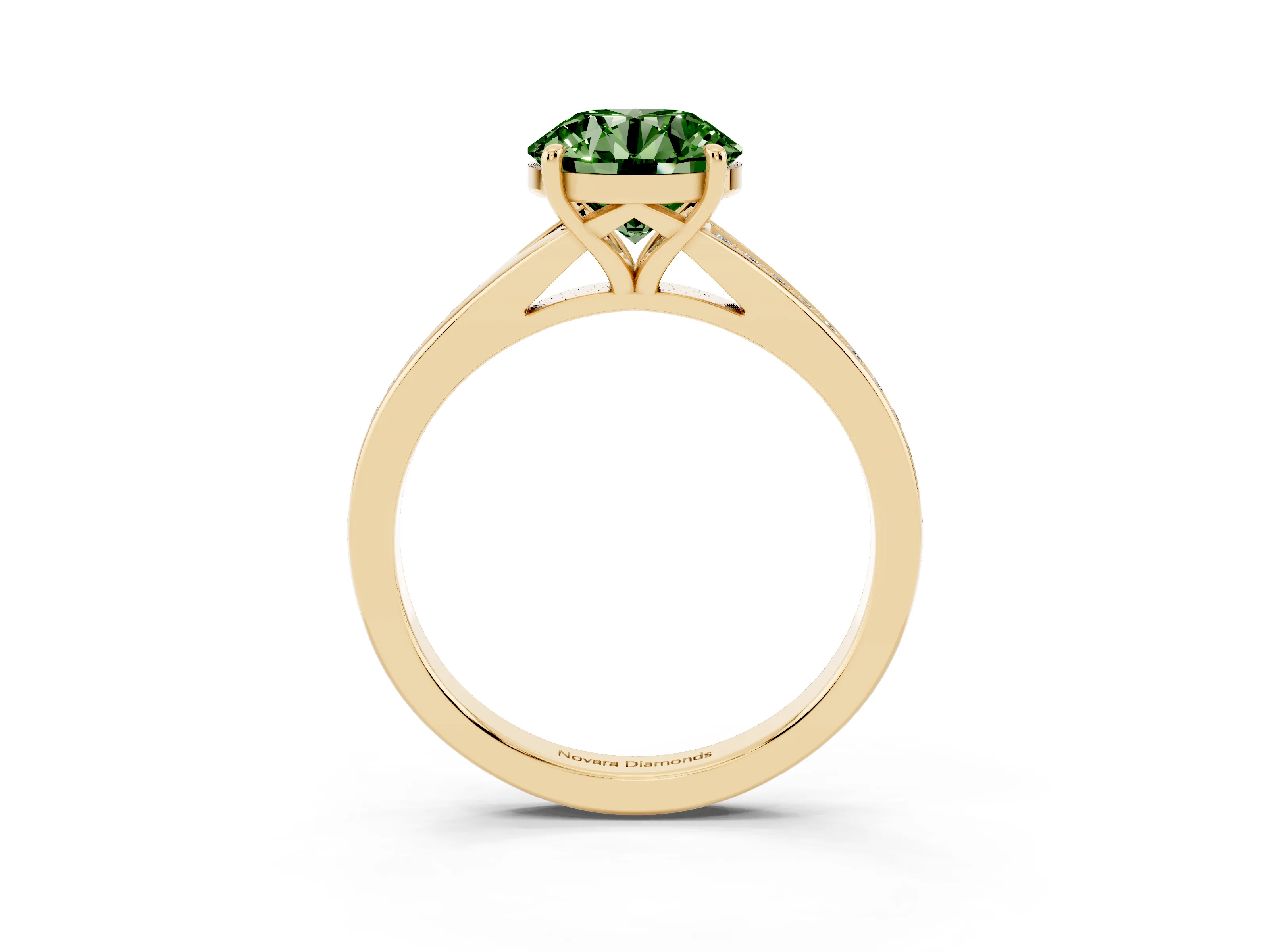 Fancy Green Round Cut Diamond Solitaire Ring Set in Yellow gold with Pavé Accent Band and Classic Prong Setting