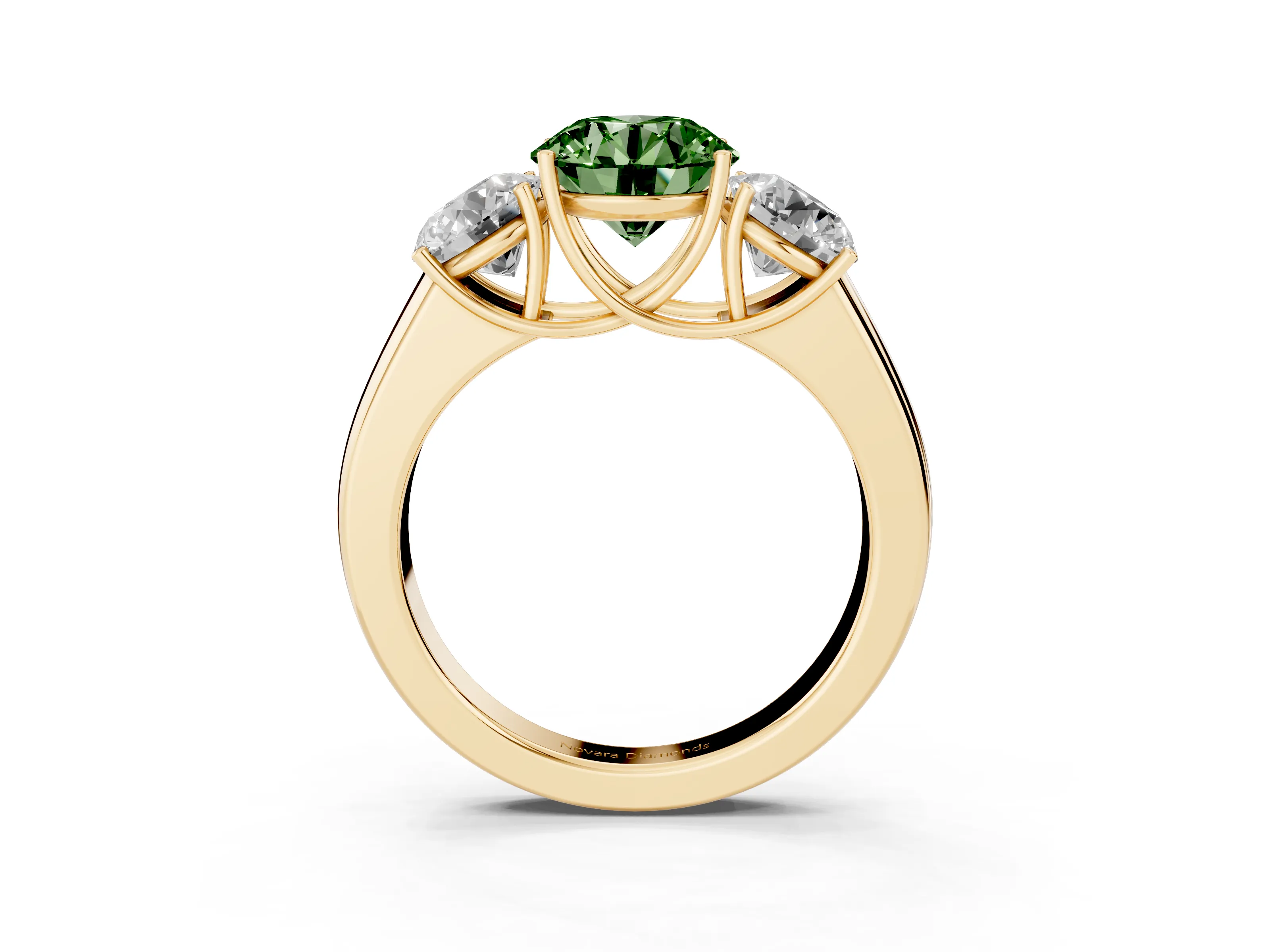 Fancy Green Three-Stone Round Cut Diamond Ring Set in Yellow gold with Matching Prong Settings and Plain Band