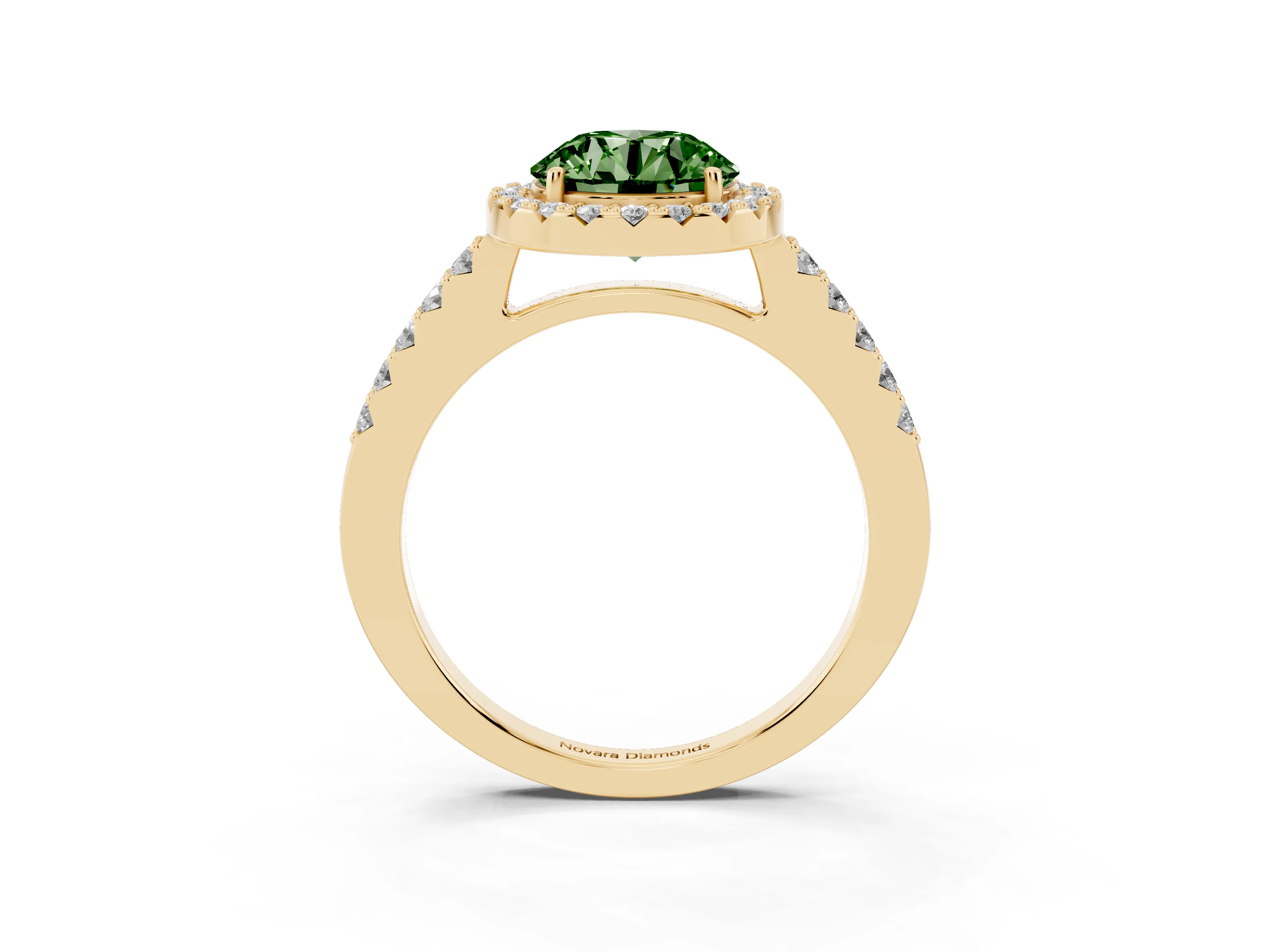Fancy Green Round Cut Diamond Halo Pavé Solitaire Ring Set in Yellow gold with Prong-Set Center Stone