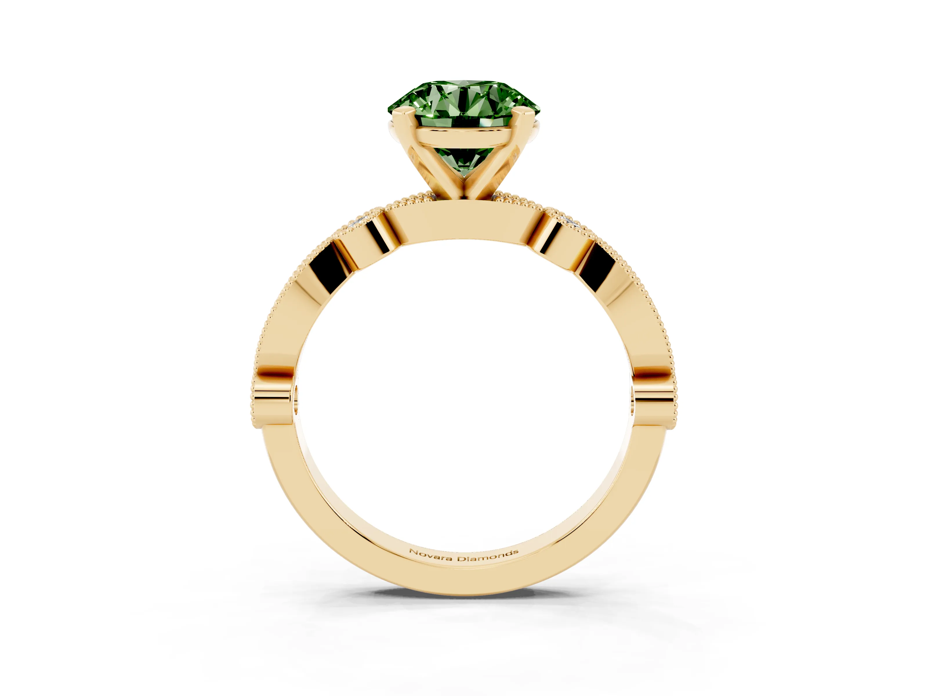 Fancy Green Round Cut Diamond Solitaire Engagement Ring Set in Yellow gold with Milgrain Bezel Accent Band