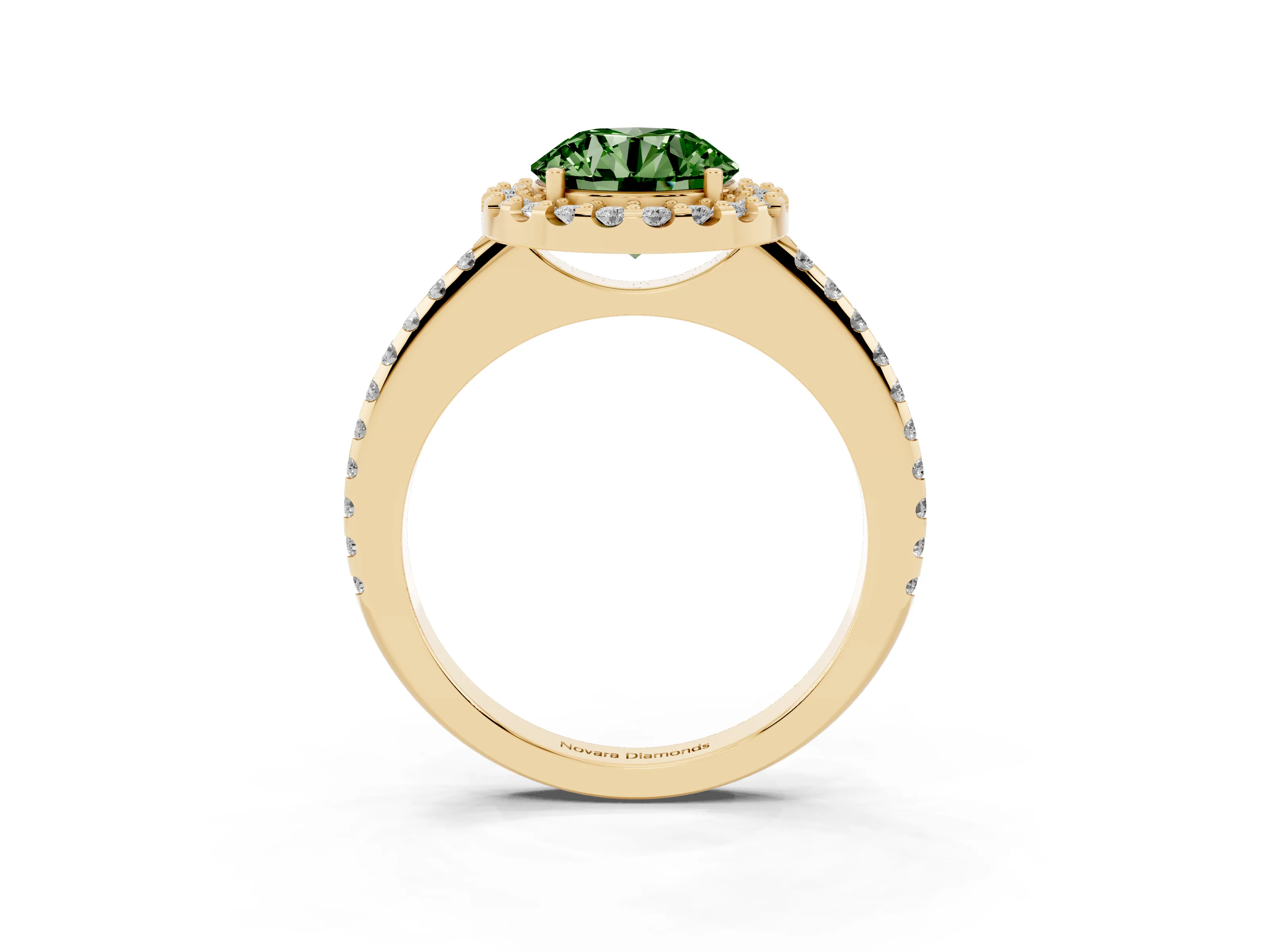 Fancy Green Round Cut Diamond Pavé Halo Ring Set in Yellow gold with Prong Setting